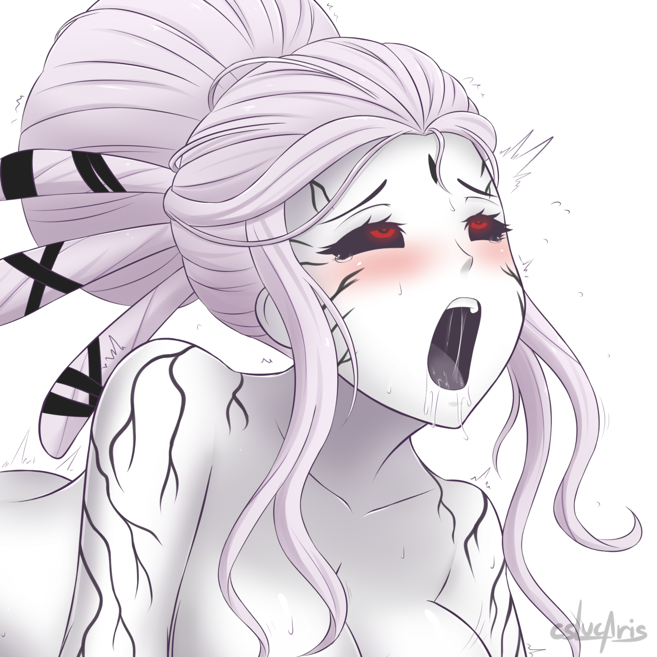 1girls, ahe gao, black sclera, blush, blushing, cslucaris, doggy style, drooling, female, female penetrated, grey hair, grey skin, looking up, milf, monochrome, monster girl, naughty face, nude, nude female, pale skin, penetration, pleasure face, red eyes, rolling eyes, rwby, salem (rwby), sex, sexually suggestive, short hair, simple background, solo, solo female, spot color, sweat, tongue, tongue out, white background