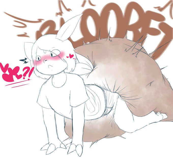 !? 1boy 3_fingers anthro arm_support blort blush diaper feces furry hypermess messy_diaper onomatopoeia shocked_expression sinningsneasel soiling t-shirt tail