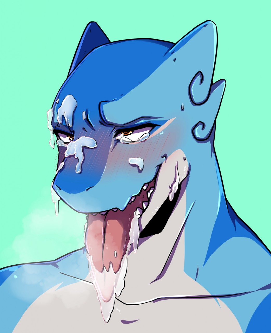 2016 ahe_gao anthro blue_scales blush crying cum cum_on_cheek cum_on_face cum_on_tongue ehbear fish green_background looking_pleasured male male_only mammal marine nude open_mouth scales shark simple_background smile solo sweat tears teeth tongue tongue_out