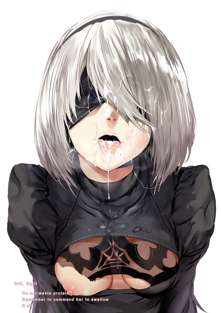 1girls blindfold breasts cleavage cum cum_on_clothes cum_on_hair engrish facial female female_only hairband hews_hack lips mole mole_under_mouth nier nier:_automata penis ranguage short_hair silver_hair solo white_background yorha_2b