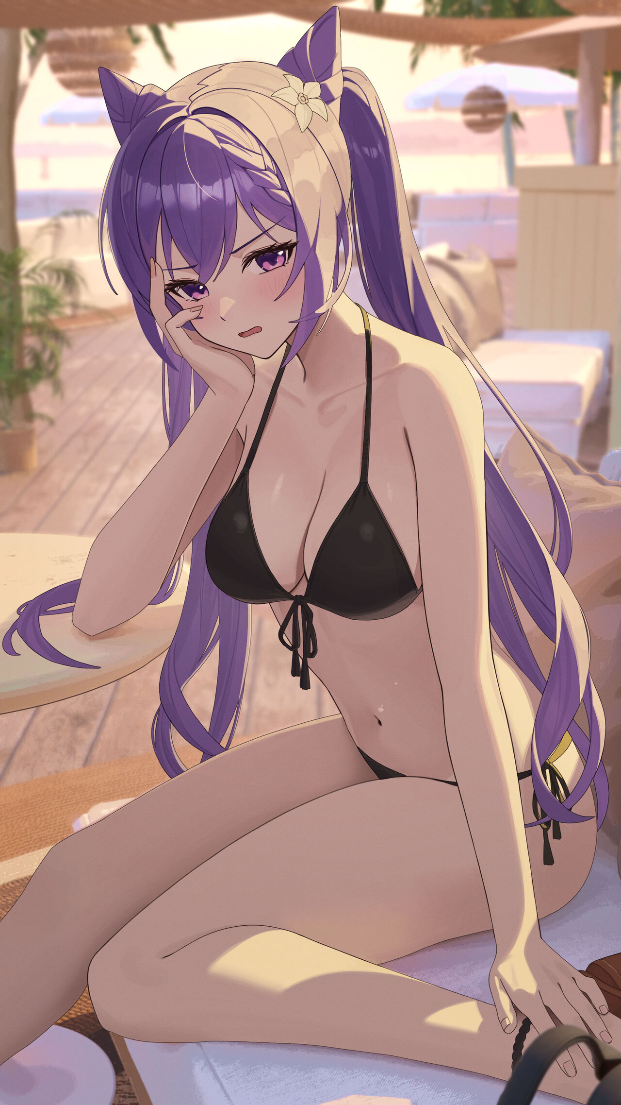 1girls, bare arms, bare legs, bare shoulders, bare thighs, bikini, bikini bottom, bikini top, black bikini, black bikini bottom, black bikini top, blush, breasts, cleavage, embarrassed, female, female only, flower, flower in hair, genshin impact, hi res, highres, jumonji, keqing (genshin impact), legs, light skin, light-skinned female, looking at viewer, navel, open mouth, outdoors, outside, ponytail, purple eyes, purple hair, solo