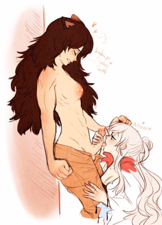 1futa, 1girls, abs, animal ears, areola, balls, black hair, blake belladonna, blue eyes, breasts, cat ears, cleavage, closed eyes, cum, erect nipples, erection, fellatio, female, fit, futa on female, futanari, intersex, large breasts, medium breasts, muscular, muscular futa, nail polish, navel, nipples, no panties, oral, penis, rwby, scar, side ponytail, sideboob, simple background, the party tit, topless, weiss schnee, white hair
