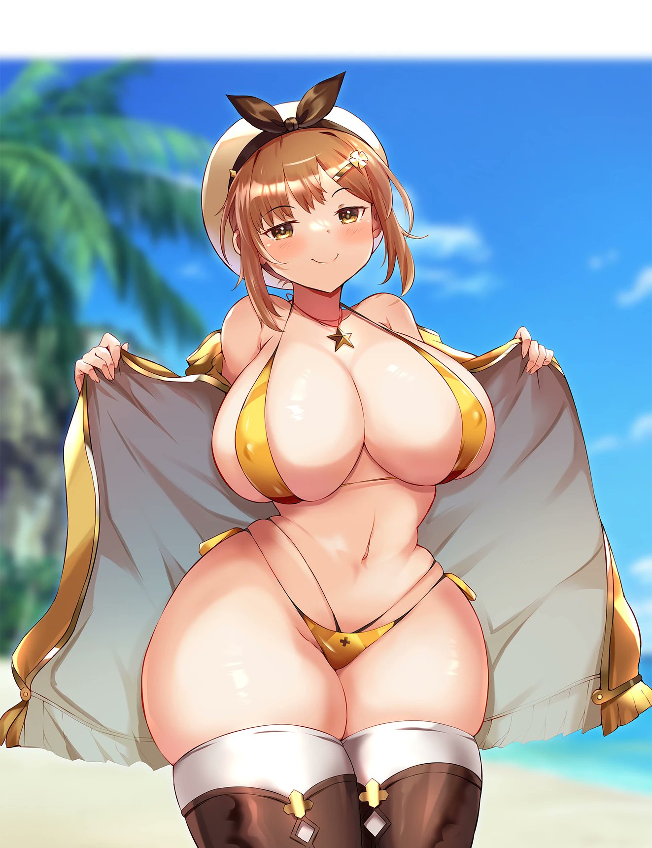 atelier_(series) atelier_ryza beach bikini blurry_background blush closed_mouth gold_bikini huge_breasts huge_thighs necklace nipple_bulge ocean open_clothes palm_tree reisalin_stout skindentation sling_bikini smile smug smug_smile teruwo_sun thick_thighs thighhighs wide_hips