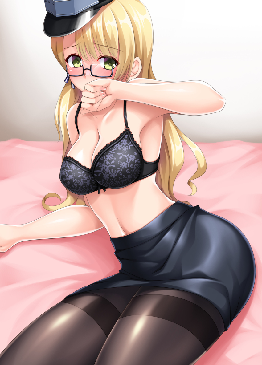 absurdres black-framed_eyewear black_bra black_pantyhose black_skirt blonde_hair bow bow_bra bra breasts female glasses green_eyes highres kantai_collection long_hair medium_breasts miniskirt northampton_(kantai_collection) pantyhose pencil_skirt ruin_re_birth semi-rimless_eyewear skirt solo thighband_pantyhose under-rim_eyewear underwear