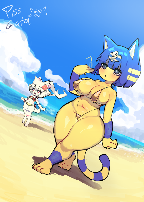 2girls animal_crossing ankha ankha_(animal_crossing) beach beach_background big_ass big_breasts big_butt big_thighs bikini bikini_bottom bikini_top black_eyes furry gold gold_bikini oc original original_character pissgata self_upload skimpy_bikini tummy