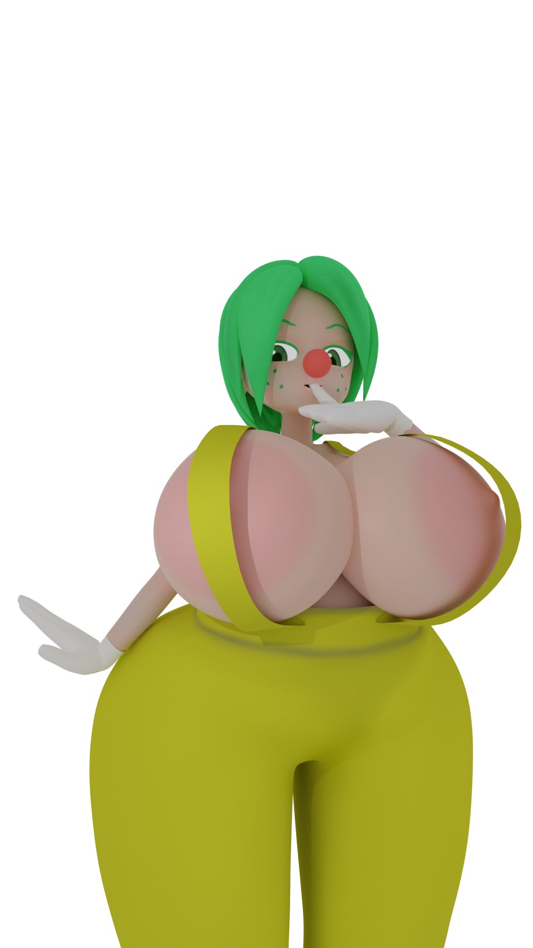 2021 3d 3d_(artwork) blender clown_girl finger_to_mouth freckles fuku_(squidly) green_eyes green_hair huge_breasts red_nose shortstack squidly thick_thighs white_gloves yellow_pants