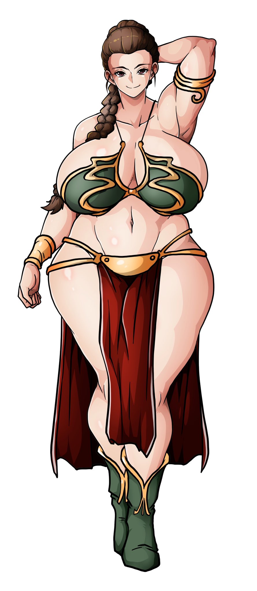 1girls, belly dancer, belly dancer outfit, big breasts, braided ponytail, breasts, busty, curvaceous, curvy, curvy figure, digital media (artwork), female, female focus, female only, giant breasts, harem girl, harem outfit, hips, hourglass figure, huge breasts, light skin, light-skinned female, lucasfilm, princess leia organa, slave, slave girl, slave leia, slave outfit, slim waist, solo, star wars, thick, thick hips, thick legs, thick thighs, thighs, voluptuous, voluptuous female, waist, white background, wide hips, witchking00