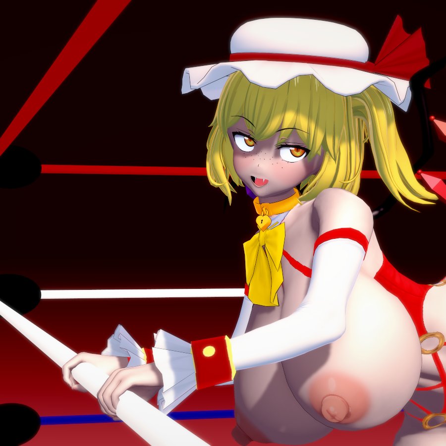 1girls 3d bent_over blonde_hair dback_koi flandre_scarlet freckles huge_breasts koikatsu mob_cap nipples red_eyes solo touhou touhou_tag_dream white_hat