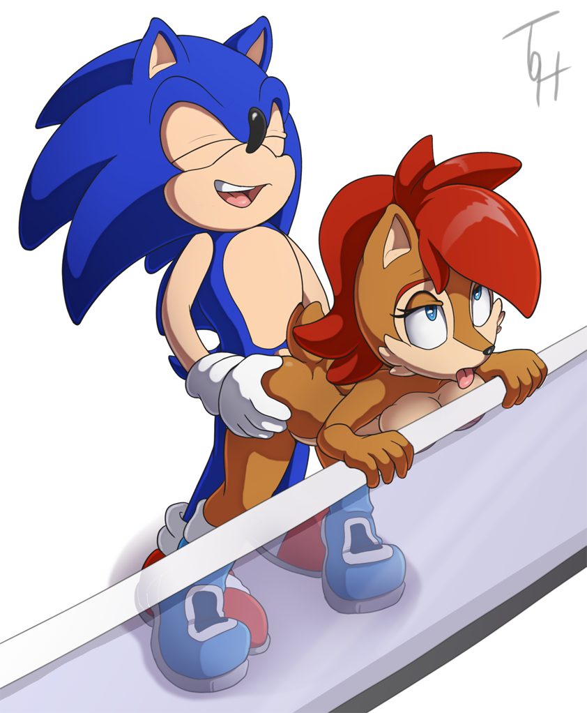 anthro, archie comics, blue fur, bottomless, breasts, chipmunk, christmas, closed eyes, clothing, exposed torso, female, footwear, from behind, gloves, handwear, hedgehog, male, mostly nude, red hair, rodent, sally acorn, sega, sex, shoes, sonic (series), sonic the hedgehog, sonic the hedgehog (archie), sonic the hedgehog (comics), sonic the hedgehog (series), squirrel, the other half, tongue, tongue out, topless