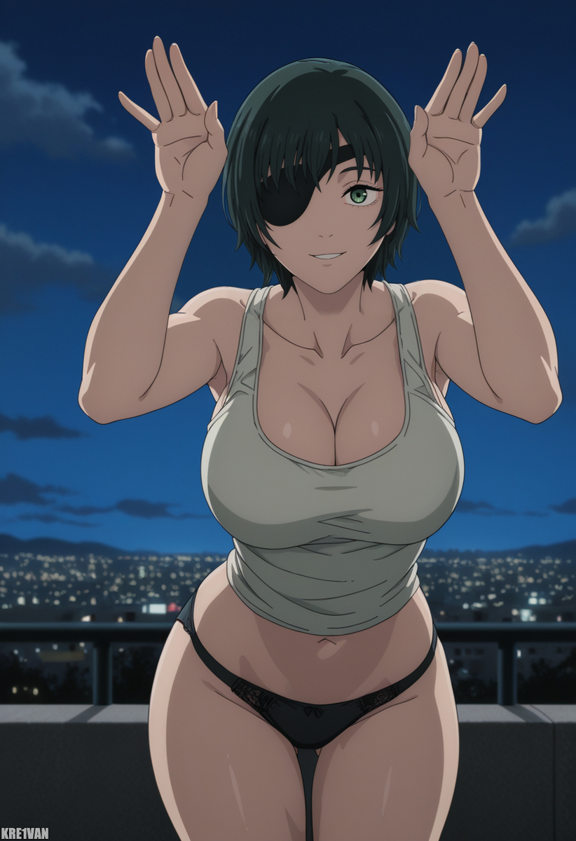 1girls, ai generated, black panties, chainsaw man, eyepatch, female, himeno (chainsaw man), kreivan, panties, shirt and panties, solo, tank top