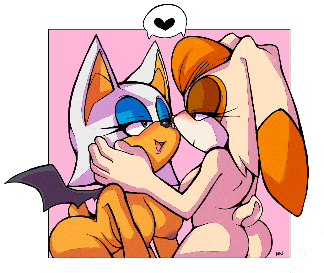 2girls, anthro, areola, ass, bat, big breasts, breasts, chiropteran, female, female only, heart, interspecies, lagomorph, milf, misswerehog, multiple females, multiple girls, nipples, nude, orange hair, rabbit, rouge the bat, sega, sonic (series), sonic the hedgehog (series), tan body, tan fur, teenage female, teenager, vanilla the rabbit, white hair, wings, yuri
