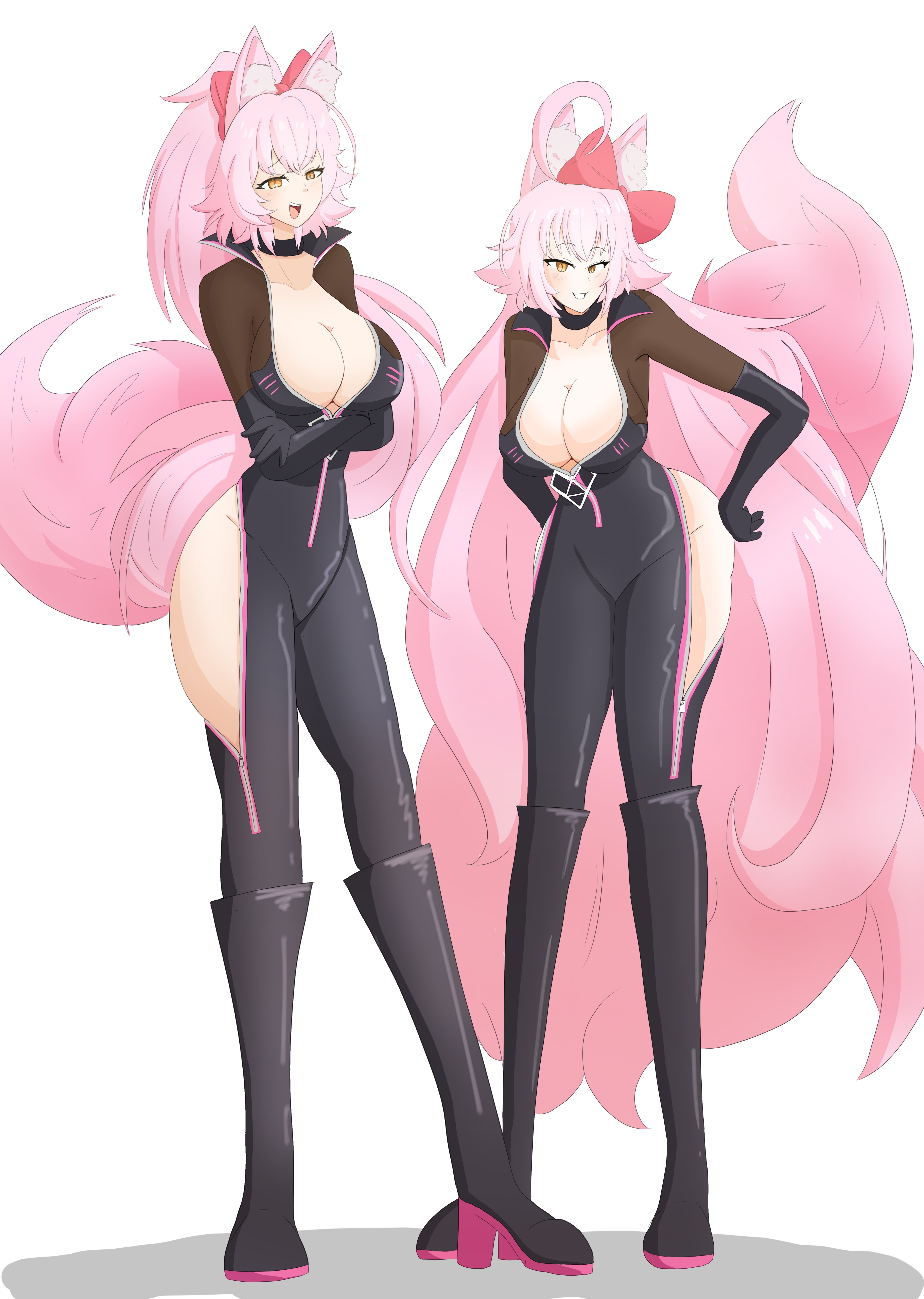 2girls, a singular fish, ahoge, alternate costume, alternate hair color, animal ears, assimilation, bodysuit, boots, bow, brainwashed, brainwashing, breasts, cleavage, enemy conversion, fate (series), fate/grand order, female, female only, femsub, fox ears, fox girl, fox tail, gloves, hand on hip, happy trance, high heels, hypnosis, hypnotized, identity death, jeanne alter, jeanne d'arc (fate), jeanne d'arc (fate) (all), kitsune girl, koyanskaya, koyanskaya (fate), large breasts, latex, leaning forward, long hair, mind control, multiple females, multiple girls, multiple subs, open mouth, personality change, pink hair, ponytail, smile, standing, tail, takeover, thighs, transformation, twinning, very long hair, yellow eyes, zipper