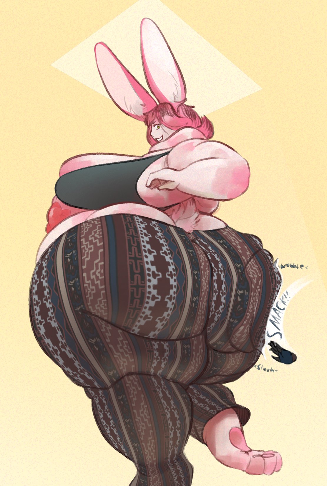 33millionsnails, anthro, ass, ass slap, ass wobble, bbw, big ass, bunny ears, bunny girl, bunny tail, commission, fat ass, female, forbidden pants, huge ass, looking back, obese, obese female, original, original character, overweight, overweight female, pink fur, rabbit, rabbit girl, slap, slapping ass, slapping butt, smacking ass, thick ass, thick thighs, wobbling ass