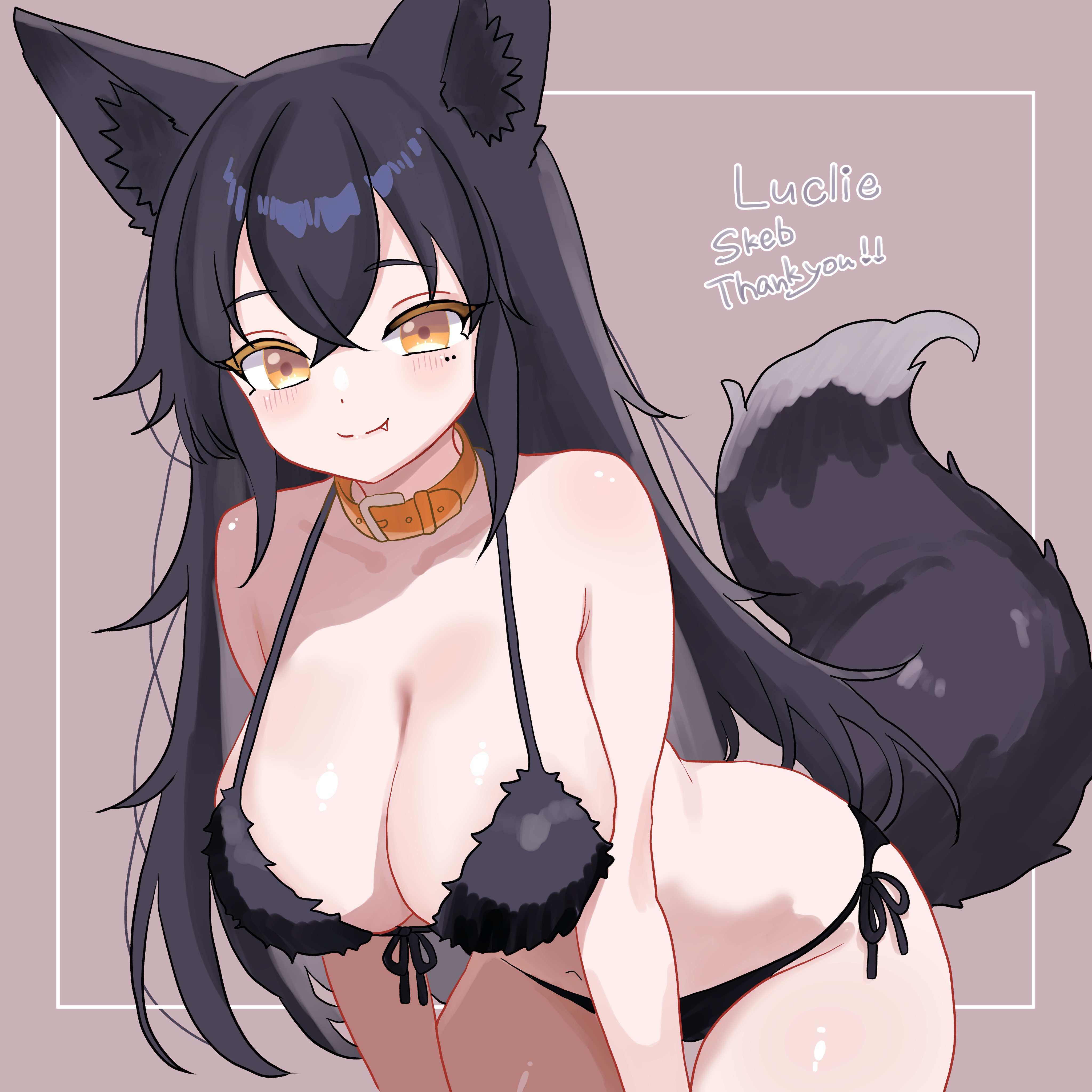 1girls, absurdres, animal ears, bare arms, bare shoulders, bent over, bikini, black bikini, black hair, breasts, character request, cleavage, closed mouth, collar, commentary request, commission, female, front-tie bikini top, front-tie top, fur bikini, halterneck, highres, large breasts, long hair, looking at viewer, mole, mole under eye, n 54, navel, oerba yun fang, orange collar, original, side-tie bikini bottom, skeb commission, smile, solo, string bikini, swimsuit, tail, very long hair, wolf ears, wolf tail, yellow eyes