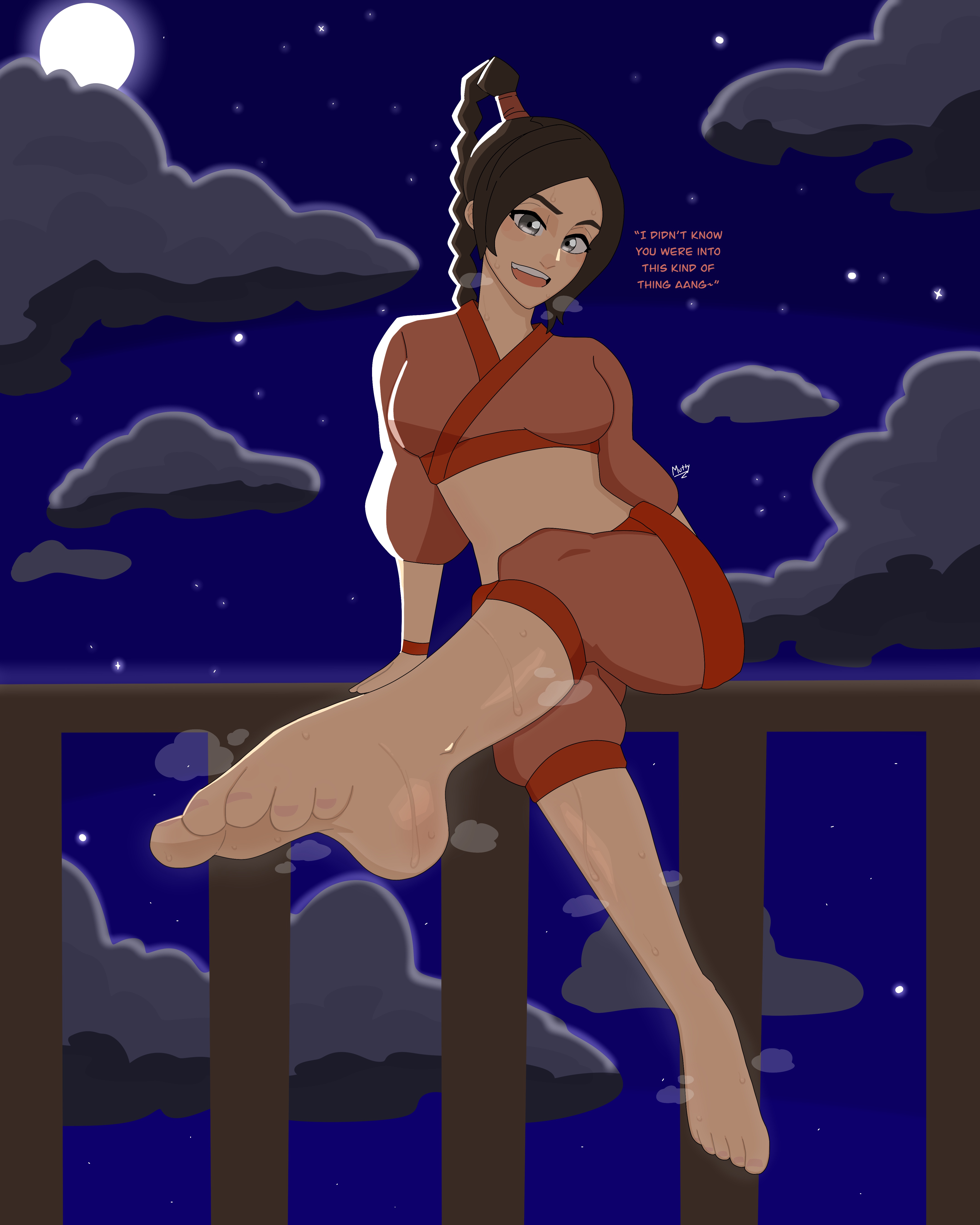 1boy, 1girls, 2d, aang, avatar the last airbender, barefoot, braid, braided ponytail, brown hair, clouds, dialogue, english text, feet, female, foot fetish, foot focus, full body, full color, full moon, fully clothed, grey eyes, long hair, looking at viewer, male, male pov, moon, mostly clothed, mutty, night, no penetration, playful, pointed feet, ponytail, presenting feet, sitting, sitting on railing, smile, solo, solo female, steaming feet, sweaty feet, tease, teasing, toes, ty lee, visible breath