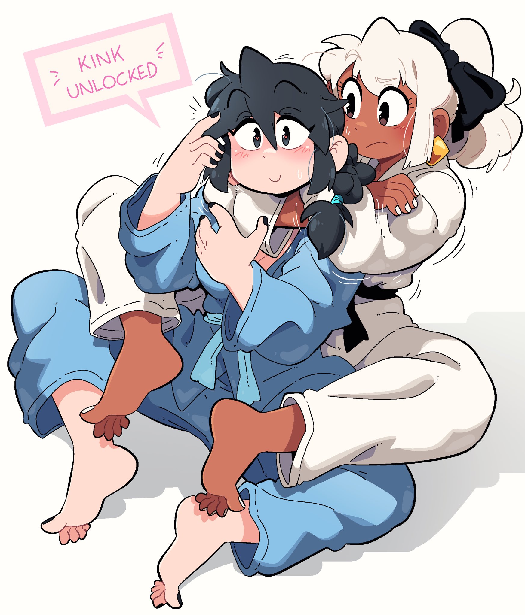 2girls, barefoot, black hair, black toenails, choking, dark skin, dark-skinned female, earrings, feet, female, fully clothed, hair bow, head lock, heart-shaped pupils, karate gi, kink unlocked, lucia (scott malin), mia (scott malin), original, original character, painted toenails, scott malin, tagme, white background, white toenails, wrestling
