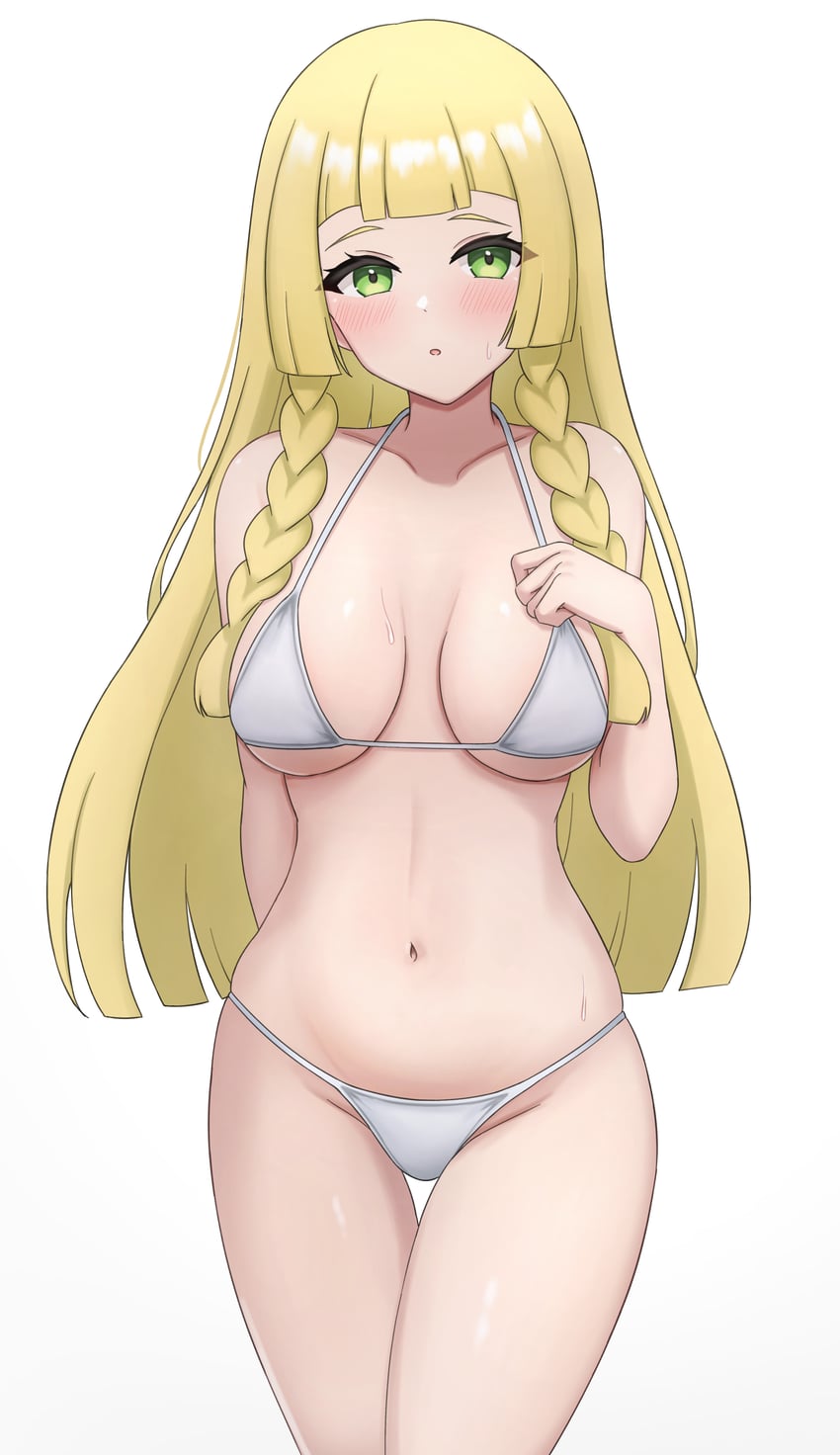 1girls, bikini, blonde hair, blue eyes, blunt bangs, braid, breasts, cleavage, cowboy shot, female, green eyes, large breasts, lillie (pokemon), long hair, looking at viewer, pokemon, pokemon sm, simple background, solo, swimsuit, teenage female, thigh gap, twin braids, wachikumori, white background, white bikini