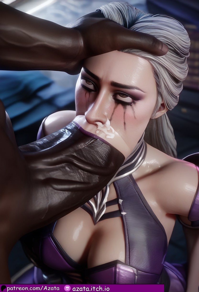 1boy, 1girls, absurdly large cock, ai generated, all the way to the base, azataai, cleavage, clothed female nude male, cum in mouth, cum on nose, curious, dark skin, dark-skinned male, deepthroat, erection, fellatio, female, from above, head grab, horny female, huge cock, hugging legs, impossible fit, in love, in love with cock, interracial, looking at penis, male, milf, mortal kombat, mortal kombat 11, partial male, penis, penis on face, purple lipstick, shiny skin, sindel, size difference, taller male, uncensored, voluptuous female, white hair