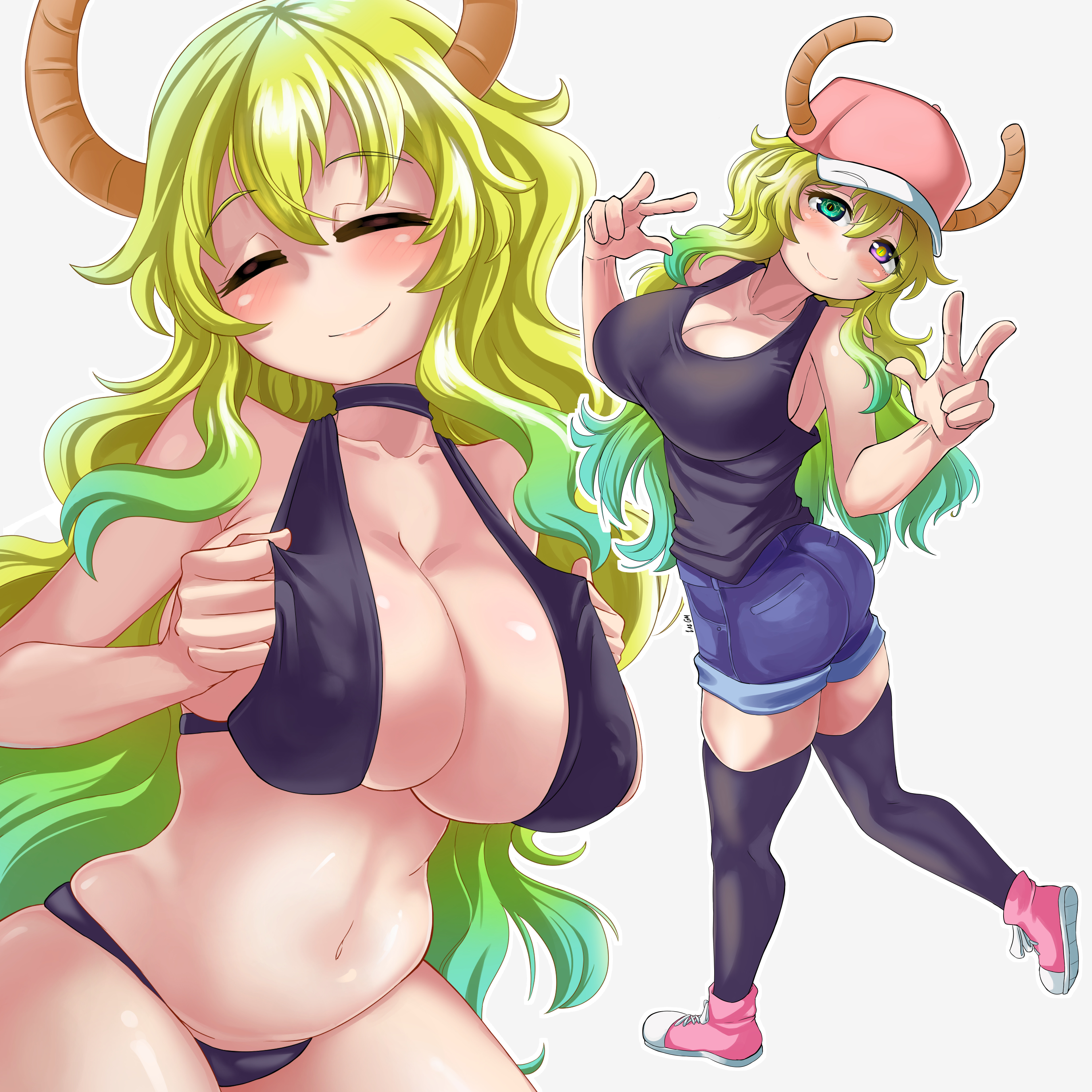 1girls, absurdres, bare arms, bare shoulders, bikini, black bikini, black choker, black tank top, black thighhighs, blonde hair, blue shorts, boots, breasts, choker, cleavage, closed eyes, closed mouth, commentary, denim, denim shorts, double w, dragon girl, dragon horns, facing viewer, female, female only, gradient hair, green eyes, green hair, hair between eyes, hat, heterochromia, highres, horns, kobayashi-san chi no maidragon, large breasts, laz gm, long hair, looking at viewer, lucoa (maidragon), multicolored hair, multiple views, navel, paid reward available, pink boots, pink hat, quetzalcoatl (dragon maid), short shorts, shorts, simple background, smile, swimsuit, tank top, thighhighs, w, white background, yellow eyes