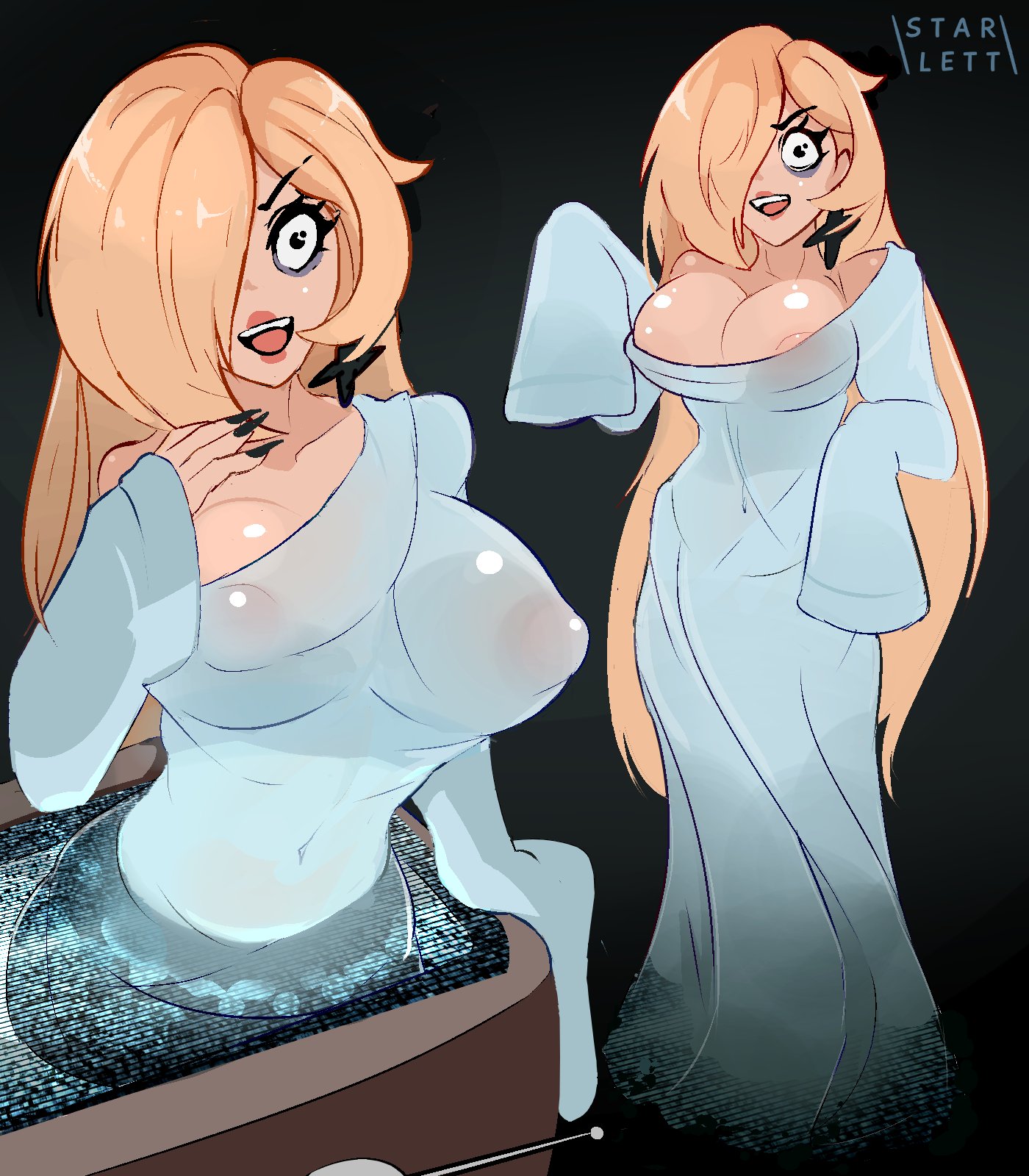 1girls, 2024, 2d, areola slip, areolae, big breasts, black background, black nails, blonde hair, breasts, c starlett, cleavage, color, earrings, female, female only, ghost, ghost girl, goth, goth girl, large breasts, light skin, light-skinned female, long hair, long sleeves, looking at viewer, makeup, mario (series), navel, navel visible through clothes, nintendo, nipple bulge, nipples, nipples visible through clothing, one eye obstructed, open mouth, painted nails, princess, princess rosalina, revealing clothes, sadako yamamura (cosplay), see-through clothing, simple background, solo, solo female, television, the ring, translucent clothing, tv, yamamura sadako (cosplay)