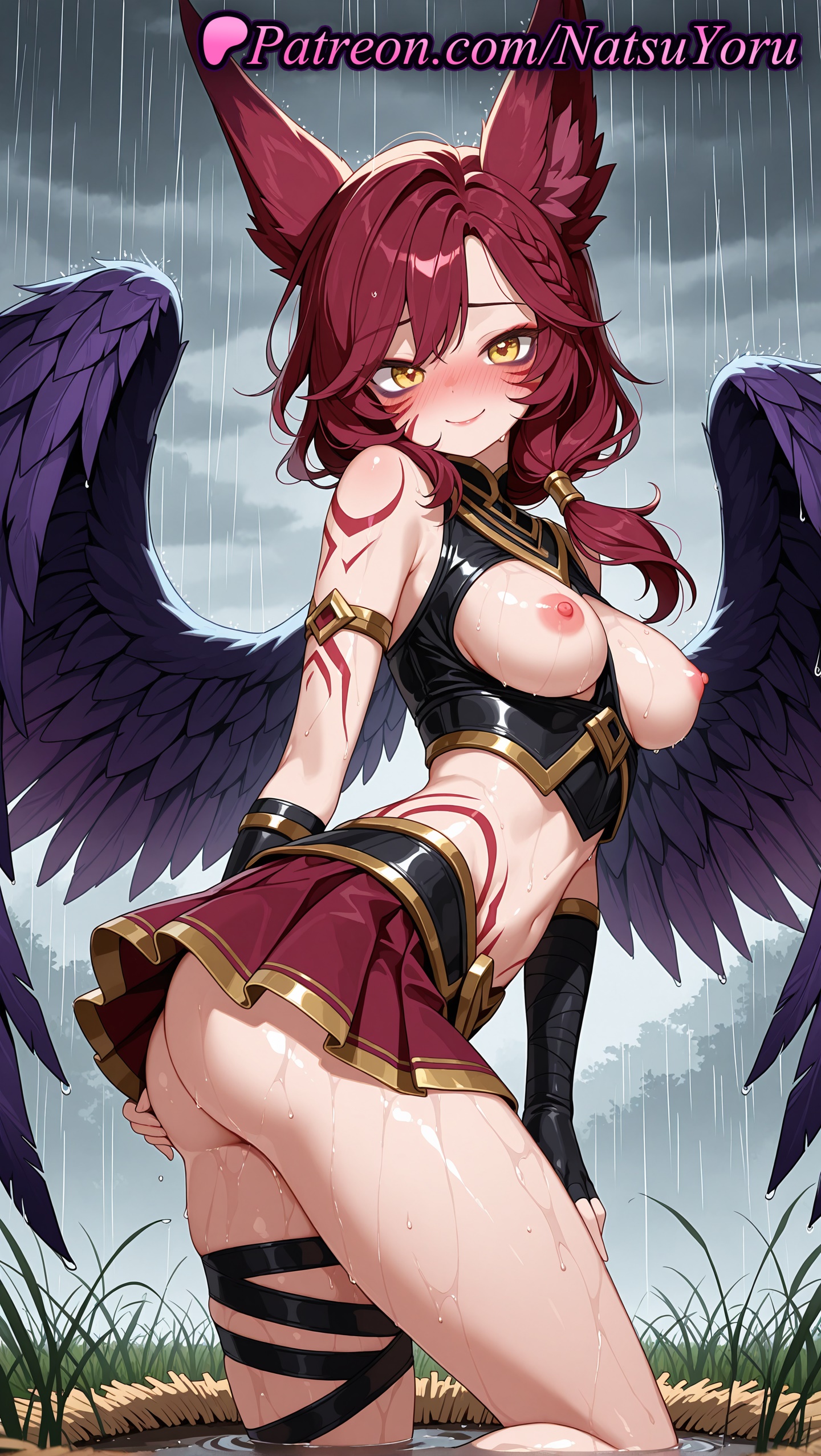 1girls, 2025, ai assisted, ai generated, animal ears, anime, anime style, ass, bare shoulders, blush, breasts, crop top, facial mark, feathered wings, female, fingerless gloves, gloves, hi res, high quality, high resolution, highres, league of legends, league of legends: wild rift, long hair, looking at viewer, medium breasts, miniskirt, natsuyoru, navel, nipples, no panties, oshiri, outdoors, patreon, pussy, rain, red hair, red skirt, riot games, skirt, smile, solo, stable diffusion, tattoo, thighs, voluptuous, voluptuous female, wet, wings, xayah, yellow eyes