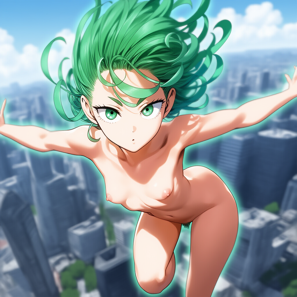 1girls, ai generated, breasts, bush, female, female focus, female only, green hair, hairy pussy, naked, nude, one-punch man, petite, petite body, petite female, pubic hair, pussy, small breasts, solo, tatsumaki, wide hips
