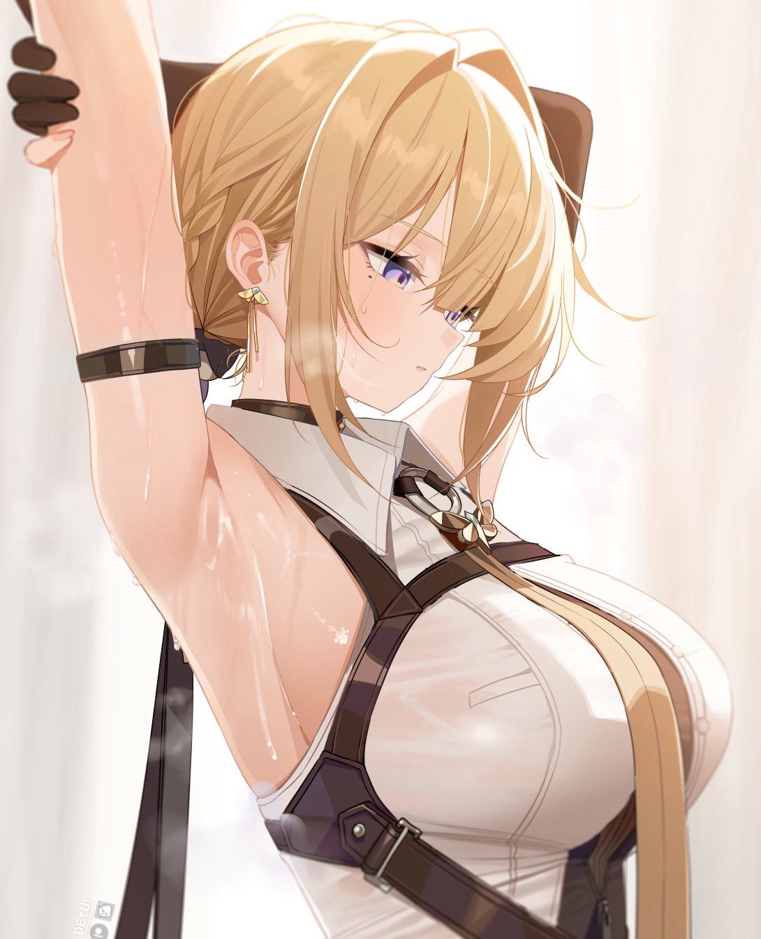 1girls, arm strap, arm up, armpit focus, armpits, black choker, black gloves, blonde hair, breasts, choker, collared shirt, commentary, deyui, earrings, elbow gloves, english commentary, evelyn chevalier, female, female only, gloves, highres, jewelry, large breasts, looking down, mole, mole under eye, paid reward available, purple eyes, shirt, short hair, sidelocks, single elbow glove, solo, sweat, sweaty, sweaty armpits, upper body, white shirt, zenless zone zero