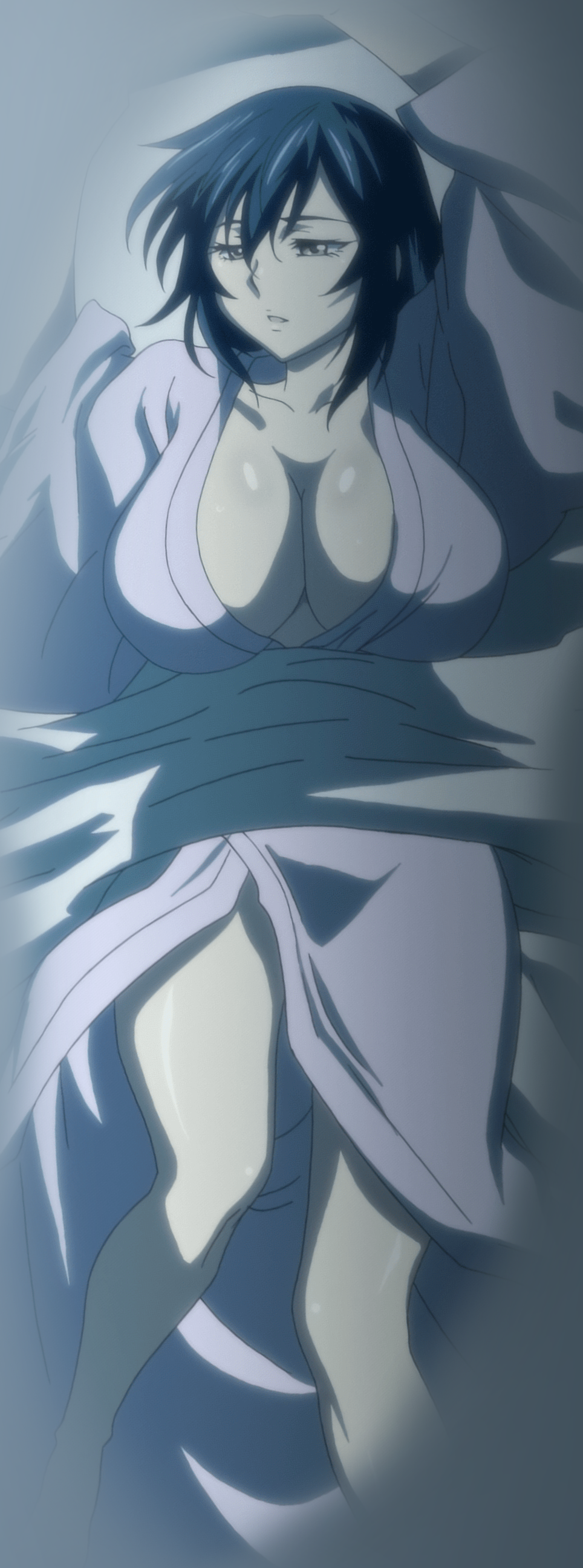 1girls big_breasts blue_hair breasts cleavage curvy female hair_down huge_breasts katana kimono laying_on_back long_hair manyuu_chifusa manyuu_hikenchou night open_kimono presenting sexy sleepy thick thighs