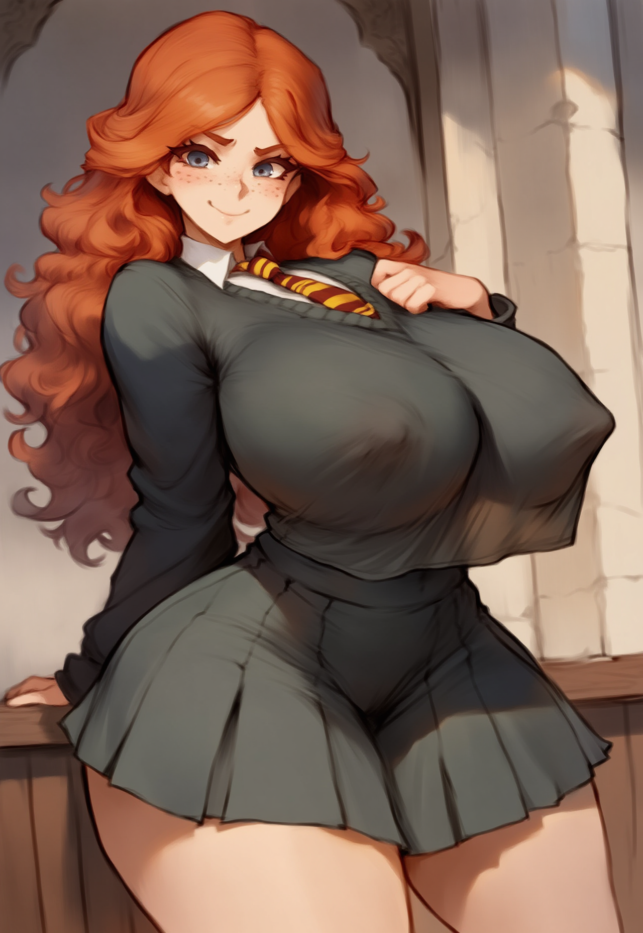 ai generated, ass, blue eyes, breasts, breasts bigger than head, breasts bigger than torso, bulging breasts, clothes, covered nipples, curvy, cute, cute face, female, freckles, freckles on face, ginny weasley, grown up, hand on chest, harry potter, hi res, highres, hip lines, hogwarts, hogwarts school uniform, huge breasts, huge hips, huge thighs, human, hyper breasts, hyper fertility, hypersexual, looking at viewer, narrow waist, nipple bulge, nipples, nipples visible through clothing, novelai, orange hair, overflowing breasts, overhang, shirt overhang, smirk, solo, solo female, tented shirt, thick ass, thick eyelashes, thick hips, thick legs, thick nipples, thick thighs, visible nipples, voluptuous, youreyesonly
