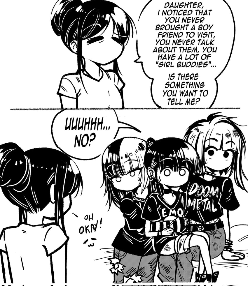 4girls, band shirt, black and white, doom metal, emo, emo girl, english dialogue, english text, female, grs-, monochrome, no mouth, original, original character, ripped jeans, ripped pants, speech bubble, submissive, torn jeans, torn pants, yuri