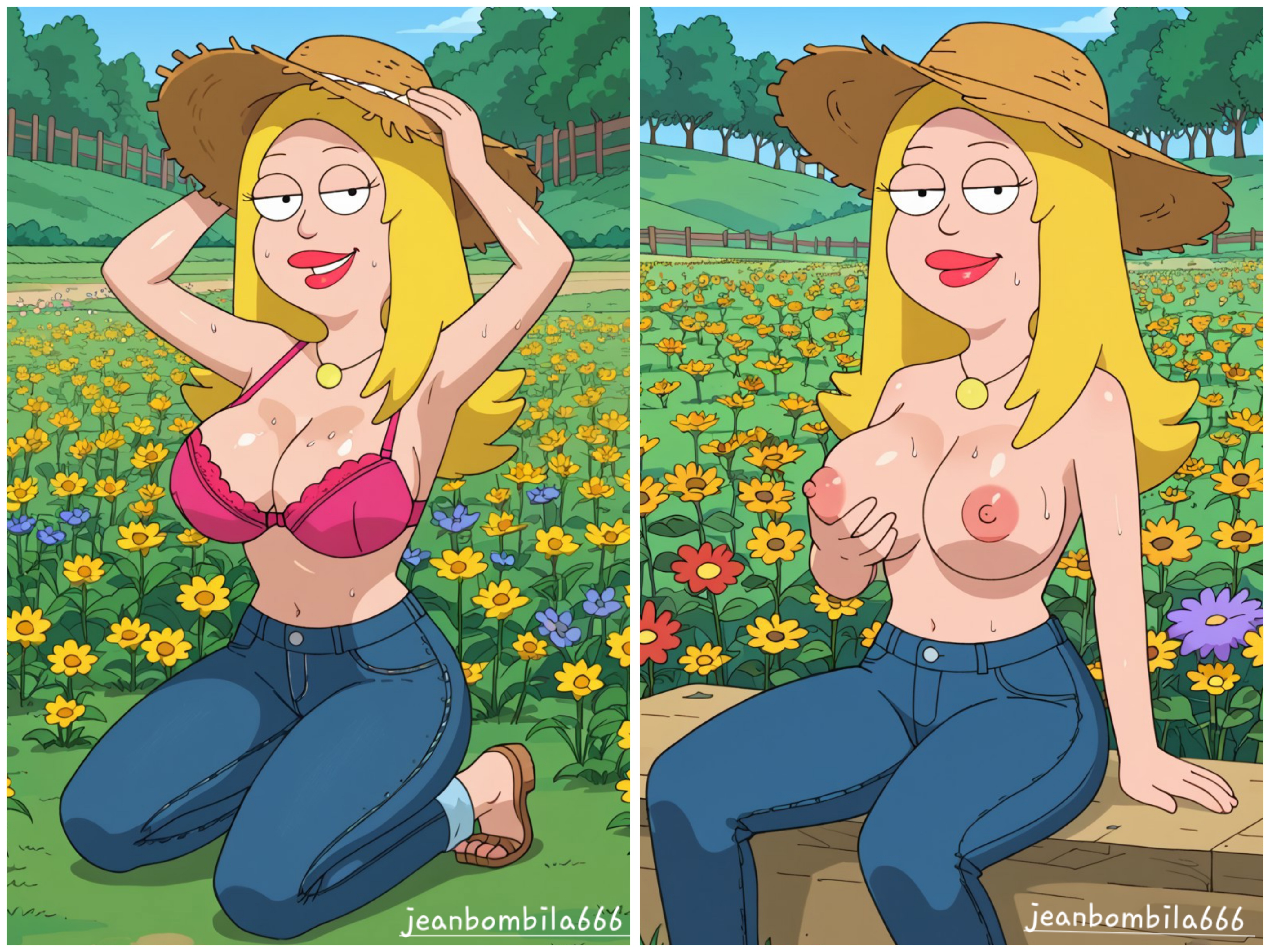 1girls, ai generated, american dad, bra, breasts, classy, classy female, cougar, cougar milf, female, francine smith, garden, jeanbombila666, jeans, married female, mature female, milf, necklace, oppai, sandals, solo, solo female, wealthy, wealthy female