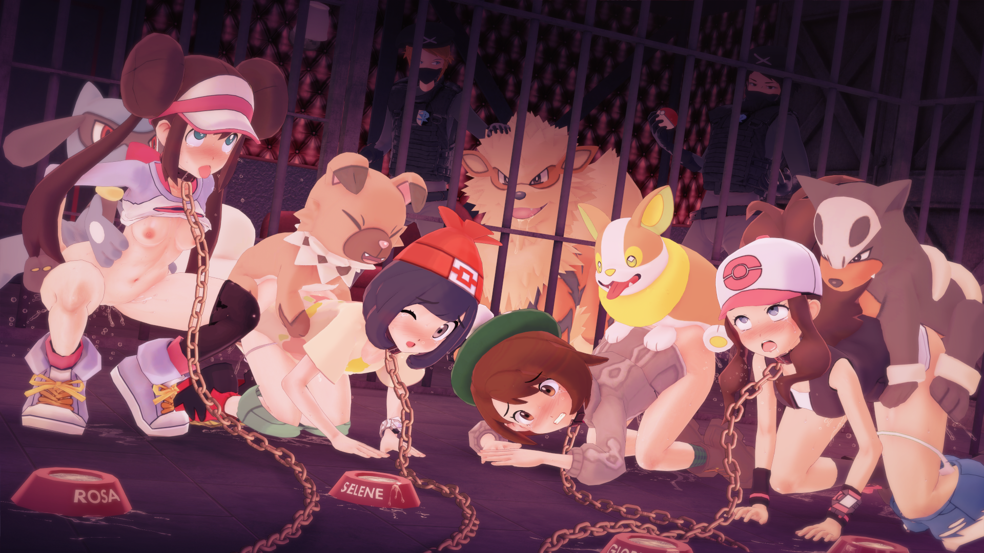 4girls, 6+boys, 7boys, arcanine, black hair, blue eyes, brown eyes, brown hair, cage, chains, clothed sex, collar, dog bowl, doggy style, female, gloria (pokemon), hilda (pokemon), houndour, larger female, male, multiple males, partially clothed, pokemon, pokemon (species), pokemon bw, pokemon bw2, pokemon sm, pokemon ss, pokephilia, riolu, rockruff, rosa (pokemon), selene (pokemon), sex, small dom big sub, smaller male, team plasma, team plasma grunt, team plasma grunt (male), top-down bottom-up, witchanon, yamper