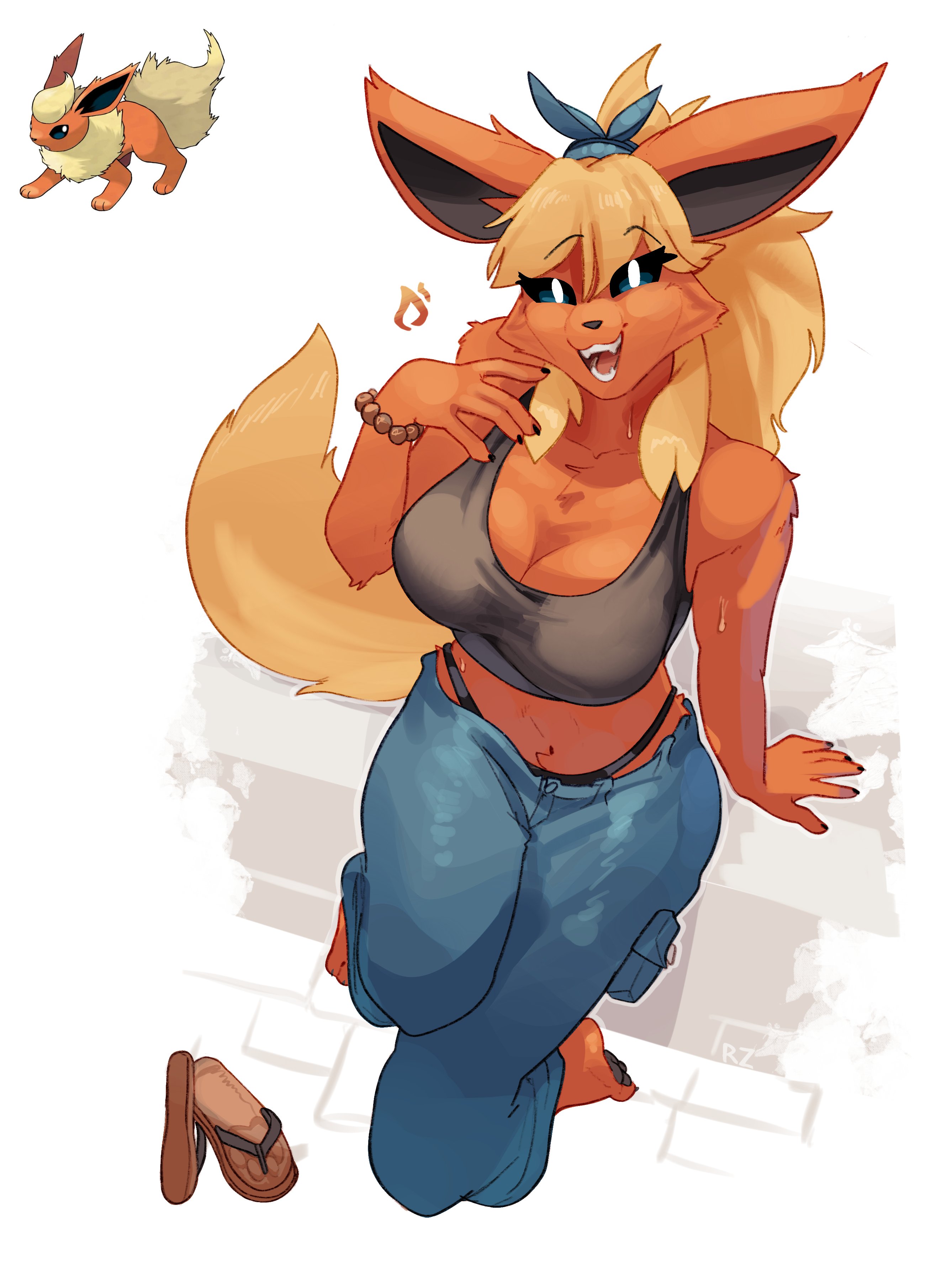 1girls, anthro, artist signature, barefoot, bracelet, chest tuft, cleavage, clothing, eeveelution, eyebrows, eyebrows visible through hair, eyelashes, female, flareon, flip flops, flip flops removed, footprint on sandals, footwear, footwear removed, furry, generation 1 pokemon, hair ornament, jeans, looking at viewer, orange fur, pants, pokemon, reference image, rz54, sandals, sandals removed, solo, solo female, solo focus, sweat, sweatdrop, sweating, tagme, tail, tank top, yellow hair