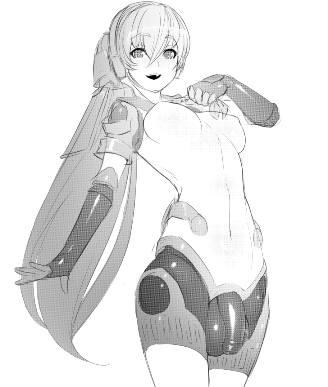1futa, balls, balls in bodysuit, breasts, clothed, flaccid, foreskin, futa only, futanari, intersex, labrys, looking at viewer, monochrome, necrosmos, partially retracted foreskin, penis, penis in bodysuit, persona, persona 4, persona 4 arena, retracted foreskin, solo, testicles, uncircumcised
