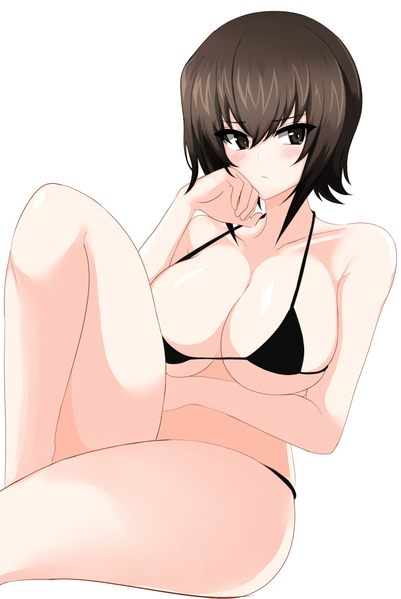 1girls, absurd res, belly, big breasts, black bra, black panties, blush, breasts, breasts bigger than head, brown eyes, brown hair, clothed, clothes, curvy, curvy female, embarrassed, embarrassed female, female, female only, gigantic breasts, girls und panzer, legs, light-skinned female, medium hair, nishizumi maho, non-nude, schoolgirl, solo, stomach, swimsuit, swimwear, thick legs, thick thighs, thighs, tummy, white background, white skin