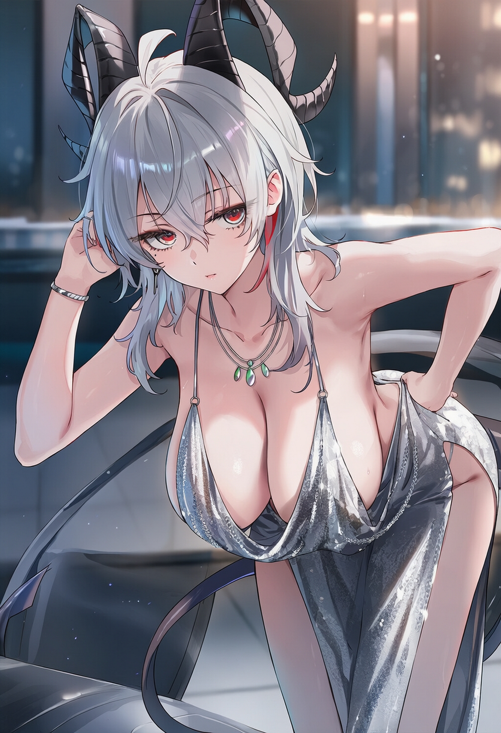 ai generated, big breasts, breasts, dress, female, female only, neutral expression, raaicave, wealthy female, white hair, wuthering waves, zani (wuthering waves)