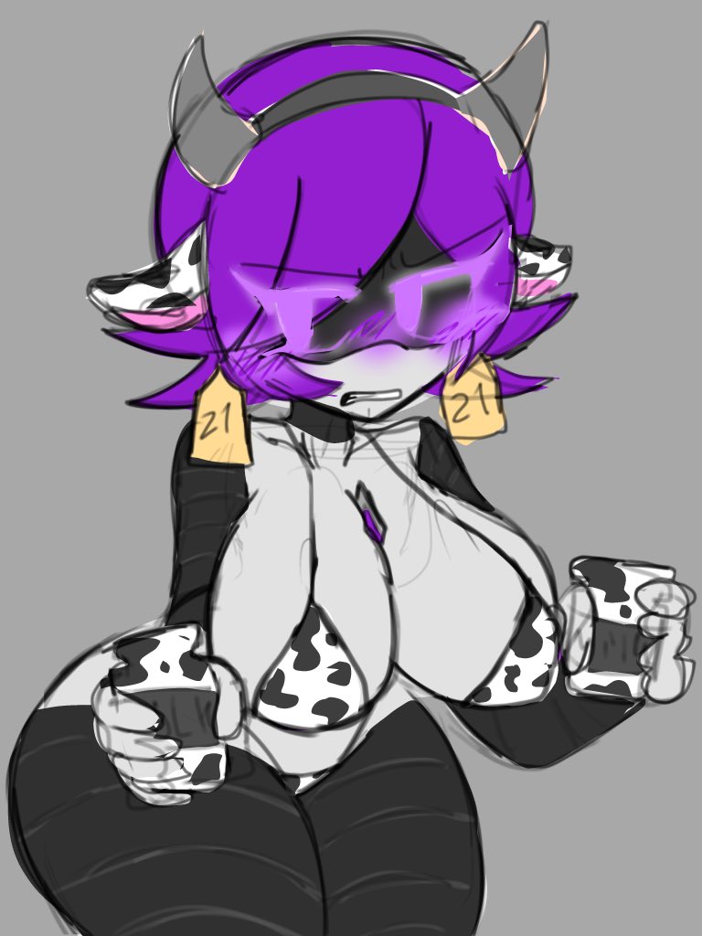 big breasts, breasts, cow bikini, cow bra, cow horns, cow print, cow print bikini, female, female only, kookieprinzz, milk, murder drones, purple hair, uzi (murder drones), worker drone