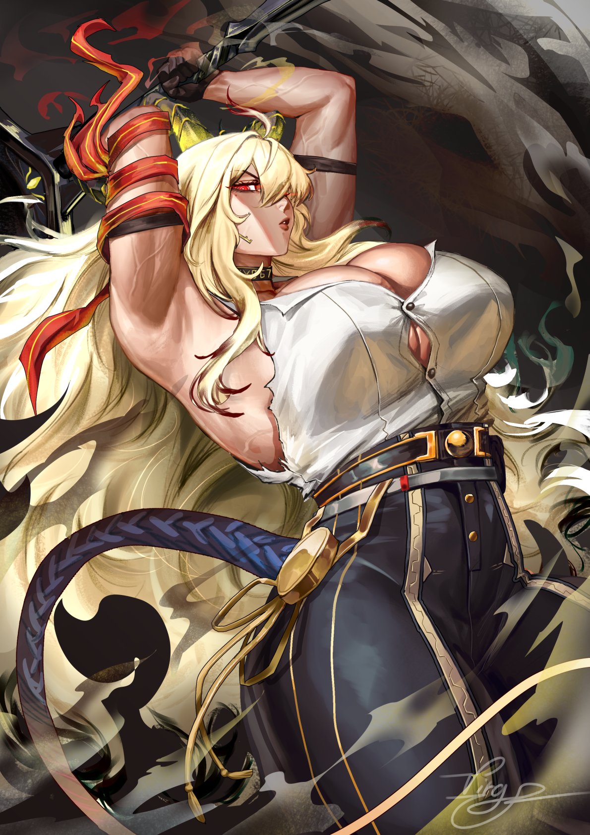 1509virgoart biceps big_breasts big_breasts big_breasts blonde_female blonde_hair breasts breasts breasts clothed clothes clothing curvaceous curvaceous_body curvaceous_female curvaceous_figure curvaceous_hips curvy curvy_body curvy_female curvy_figure curvy_hips female female_focus female_only hips horns long_hair muscular muscular_female red_eyes sleeveless sleeveless_shirt sword tail thight_clothing torn_clothes torn_clothing wuthering_waves zani_(wuthering_waves)