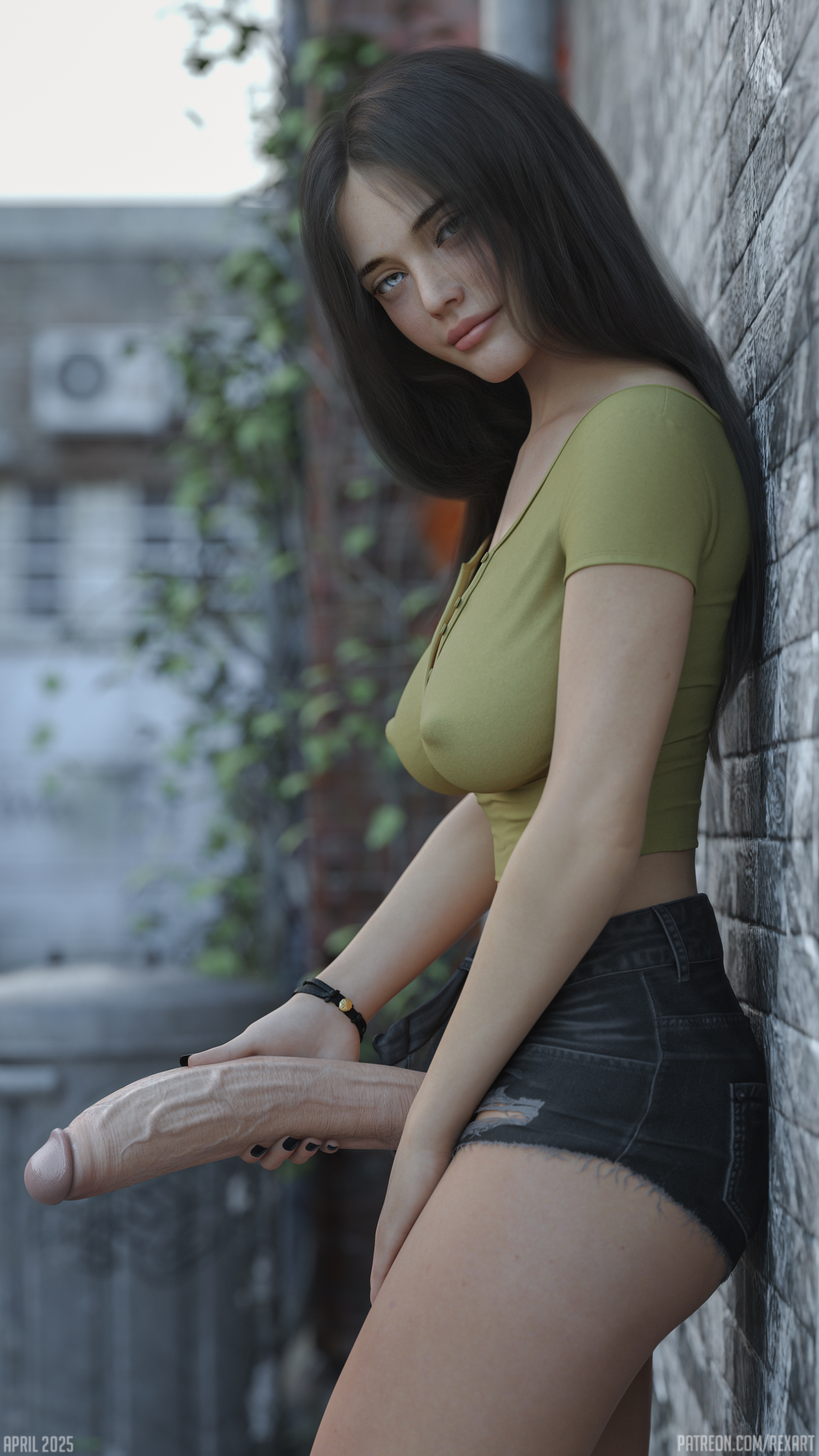 1futa, 3d, 3d (artwork), 3d model, 3d render, 3dx, arms, artist name, big breasts, big penis, black hair, blue eyes, breasts, brown hair, dark hair, daz studio, dickgirl, erect penis, erection, eye contact, eyebrows, eyelashes, eyes, futa focus, futa only, futanari, glans, green eyes, hi res, highres, huge cock, human, intersex, kelly (rexart), large breasts, large penis, light skin, light-skinned futa, lips, long hair, long penis, looking at viewer, nails, nipple bulge, nipples, original, original character, outdoors, patreon url, patreon username, penis, realistic, rexart, secrets of rockfield, self upload, shorts, smile, smiling, smiling at viewer, solo, tagme, thighs, topwear, uncensored, veiny penis