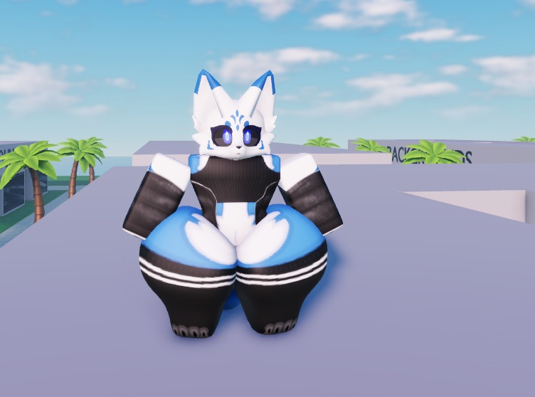 3d, anthro, big ass, black socks, blue and white, curvy, daytime, female, fluffy, fox, fox ears, fur, furry, glowing eyes, hobbiecritter, looking at viewer, markings, mertens opp (artist), oc, paw gloves, paws, roblox, robloxian, rooftop, solo, sweater, thick thighs, urban