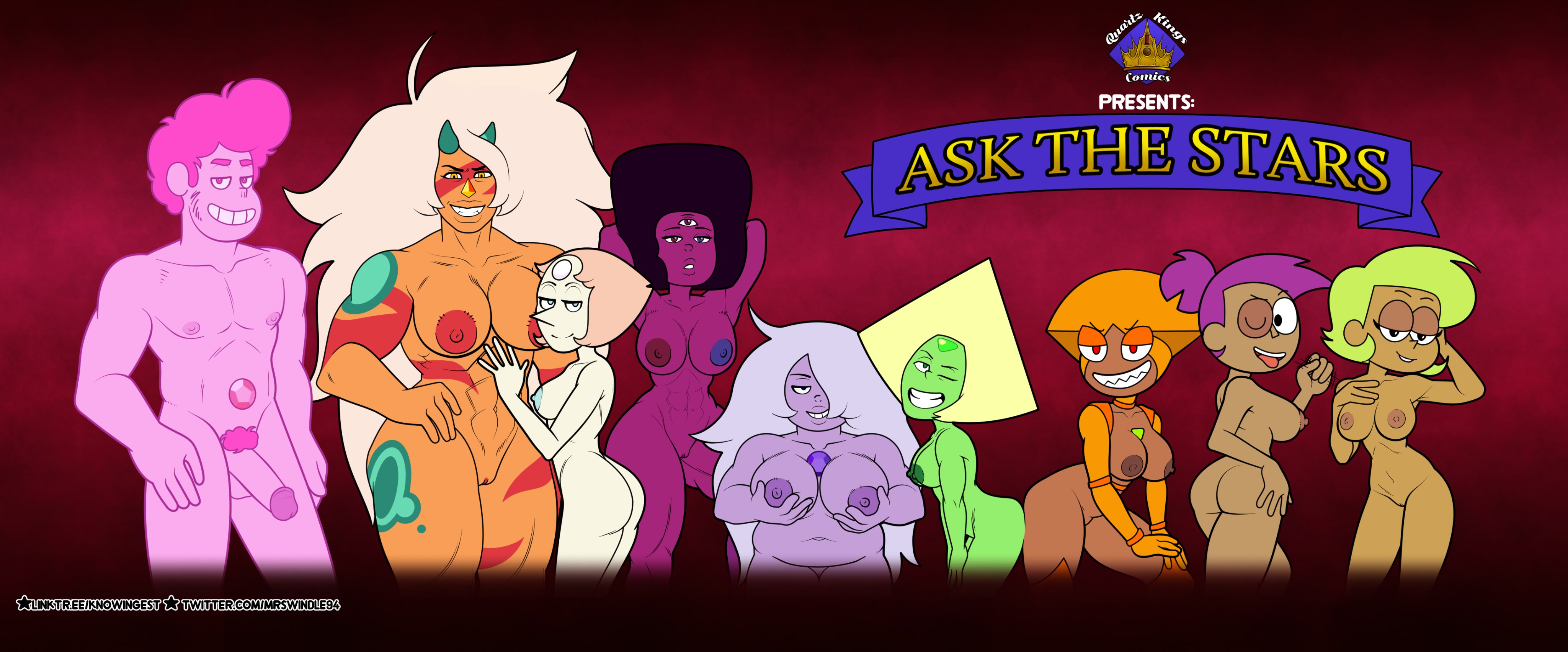 1boy, 6+girls, 8girls, accurate art style, amethyst (steven universe), cartoon network, chad steven, elodie, enid, enid (ok k.o.! lbh), female, garnet (steven universe), gem (species), jasper (steven universe), male, mrswindle94, muscular, muscular female, muscular male, ok k.o.! let's be heroes, pearl (steven universe), peridot (steven universe), pink body, pink eyes, pink hair, pink nose, quartz kings comics, shannon (ok k.o.! let's be heroes), shannon boxman, steven quartz universe, steven universe, tagme