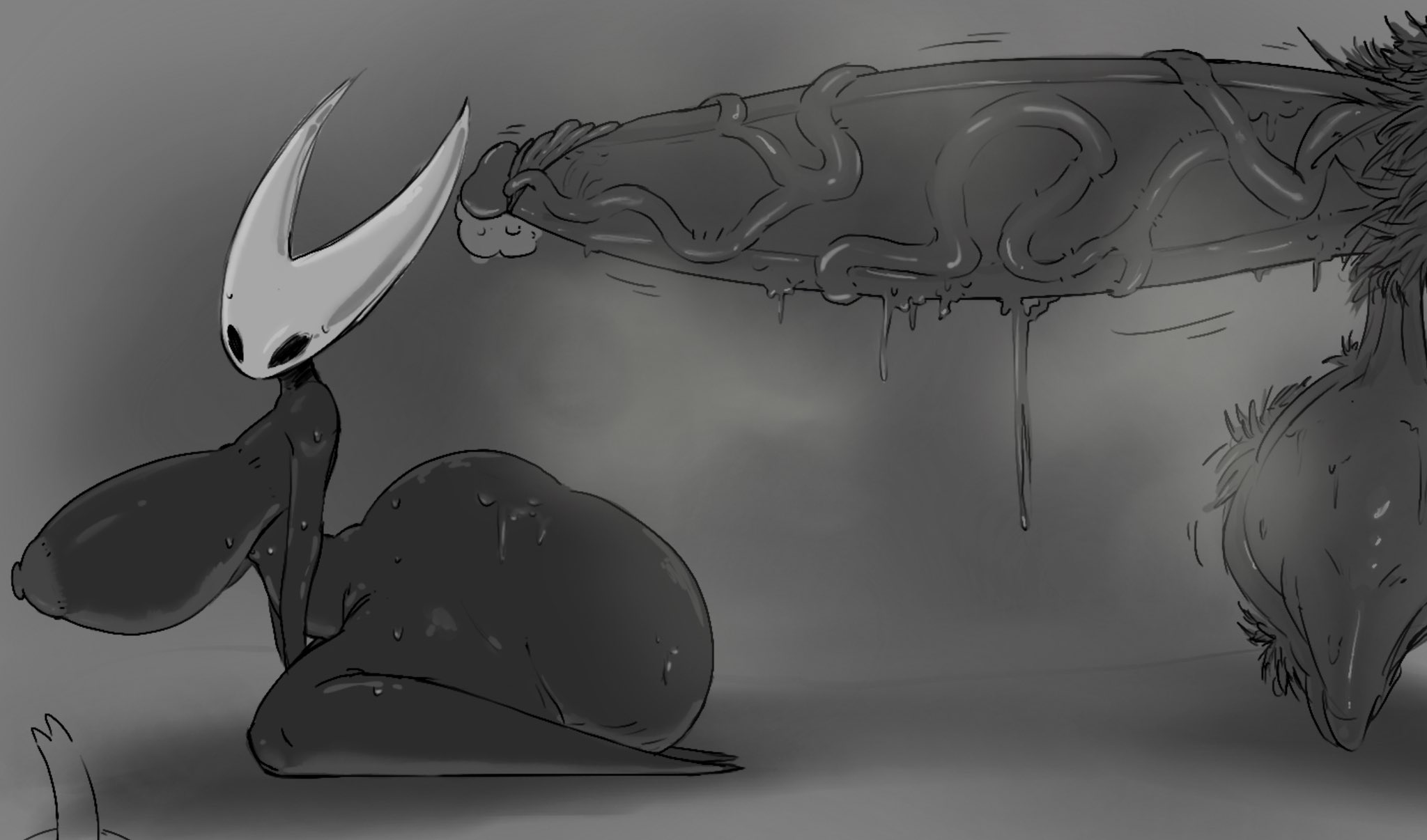 1boy, 1girls, areolae, ass, ass bigger than body, balls, barefoot, big breasts, breasts, breasts bigger than torso, bro after dark, completely nude, eyebrowless, female, full body, hollow knight, hornet (hollow knight), huge ass, kneeling, male, naked, naked female, nipples, no artist signature, no feet, nude, nude female, penis, side view, smegma, solid eyes