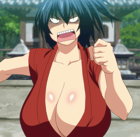1girls, angry, animated, animated gif, big breasts, blue hair, bouncing breasts, breast focus, breasts, cleavage, curvy, ecchi, fat breasts, female, full breasts, full of milk, gif, gigantic breasts, heavy breasts, huge breasts, inconvenient breasts, kimono, large breasts, light skin, light-skinned female, manyuu chifusa, manyuu hikenchou, milkshake, no bra, official animation, official art, open clothes, ponytail, red kimono, shaking breasts, voluptuous, well endowed