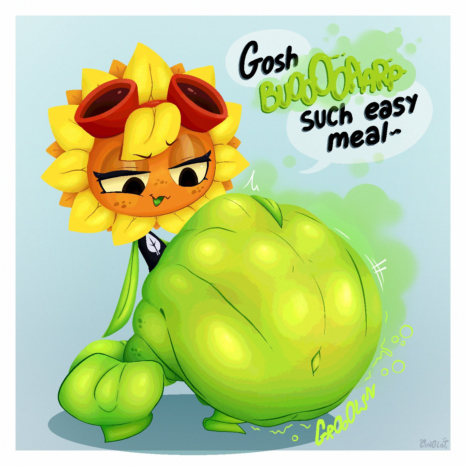 1girls, anthro, anthrofied, ass, belly, belly bulge, breasts, conglot, digestion, fat, female, female pred, flora fauna, plant, plant girl, plant humanoid, plantie, plants vs zombies, plants vs. zombies, popcap games, pred, pussy, solar flare (pvz), sunflower (pvz), vore, vore belly
