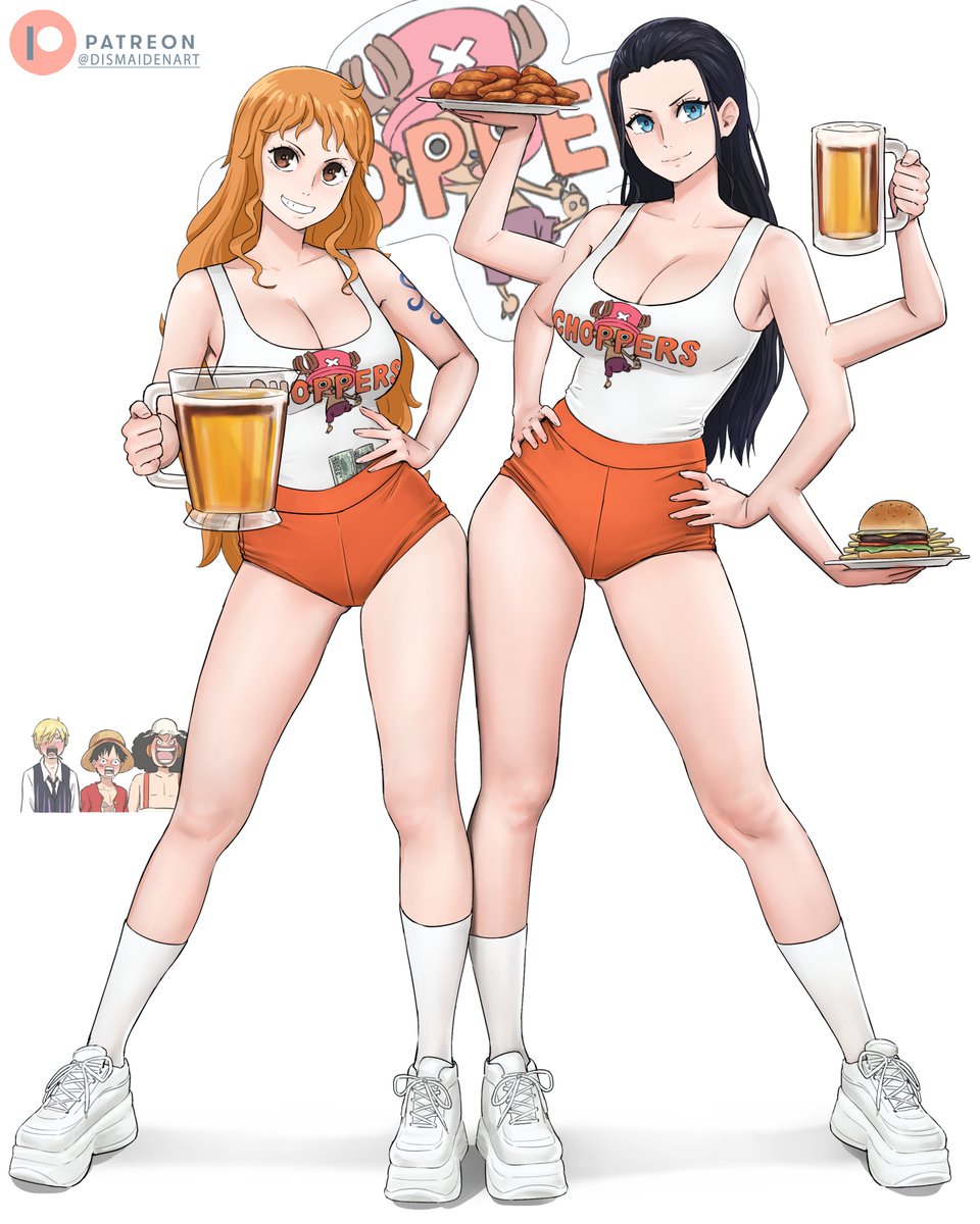 2girls, 3boys, 5 arms, anklehighs, arm tattoo, axfa, beer, black hair, black-haired female, blue eyes, blue tattoo, breasts, brown eyes, cleavage, clothing, crew socks, dismaiden, female, food, hana hana no mi, hooters (parody), hooters uniform, large breasts, long hair, male, monkey d luffy, multi arm, multi limb, nami (one piece), nico robin, one piece, orange hair, orange-haired female, patreon, patreon logo, patreon url, patreon username, shoes, short shorts, shorts, sneakers, socks, socks and shoes, tattoo, thighs, tight clothing, uniform, usopp, vinsmoke sanji, waitress, waitress outfit, waitress uniform, white socks