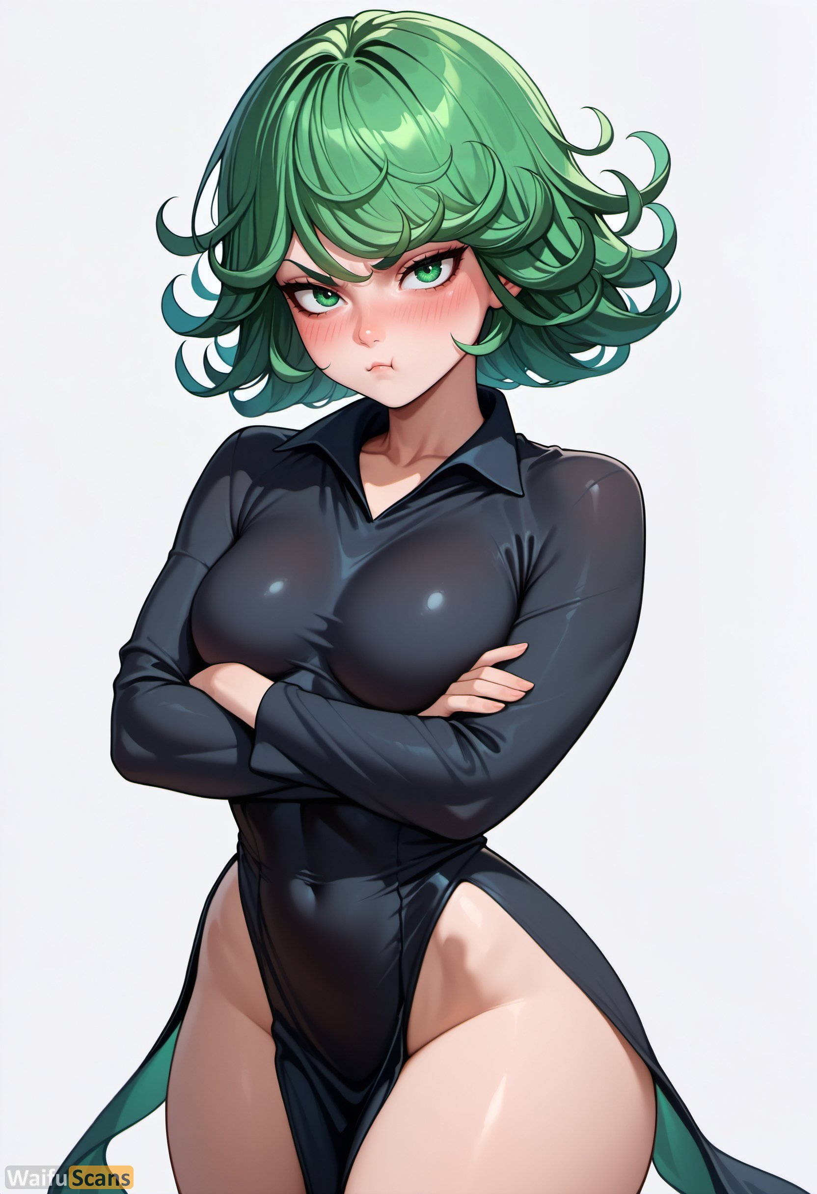 :t, 1girls, ai generated, artist name, bangs, black dress, blush, breasts, closed mouth, collarbone, collared dress, covered navel, cowboy shot, crossed arms, curly hair, dress, female, green eyes, green hair, high resolution, highres, long sleeves, looking at viewer, medium breasts, no panties, one-punch man, pelvic curtain, pout, short hair, simple background, solo, stable diffusion, tatsumaki, thick thighs, thighs, waifuscans418, white background, wide hips