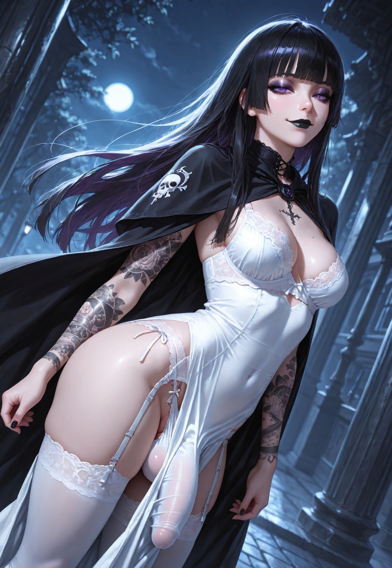 1futa, ai generated, arched back, ass, balls, big penis, black hair, black lipstick, breasts, cape, dress, female, flaccid, futa only, futanari, garter straps, goth, goth futa, goth girl (jamesbron), hime cut, intersex, jamesbron, large penis, legwear, lipstick, long hair, looking at viewer, medium breasts, navel, panties, penis, penis bulge, purple eyes, ribbon panties, skindentation, smug, solo, solo futa, standing, stockings, tattoo, tattooed arm, tattoos, thighhighs, thighs, white dress, white legwear, white panties, white stockings, wide hips