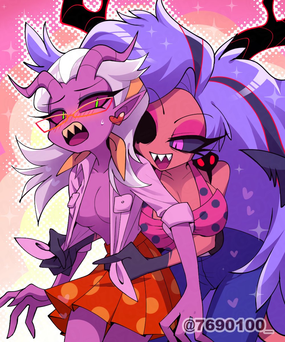 2demons, 2girls, artist request, demon, demon girl, demon girls, demon horns, demons, female, helluva boss, martha (helluva boss), mayberry (helluva boss), tagme, undressing another, yuri