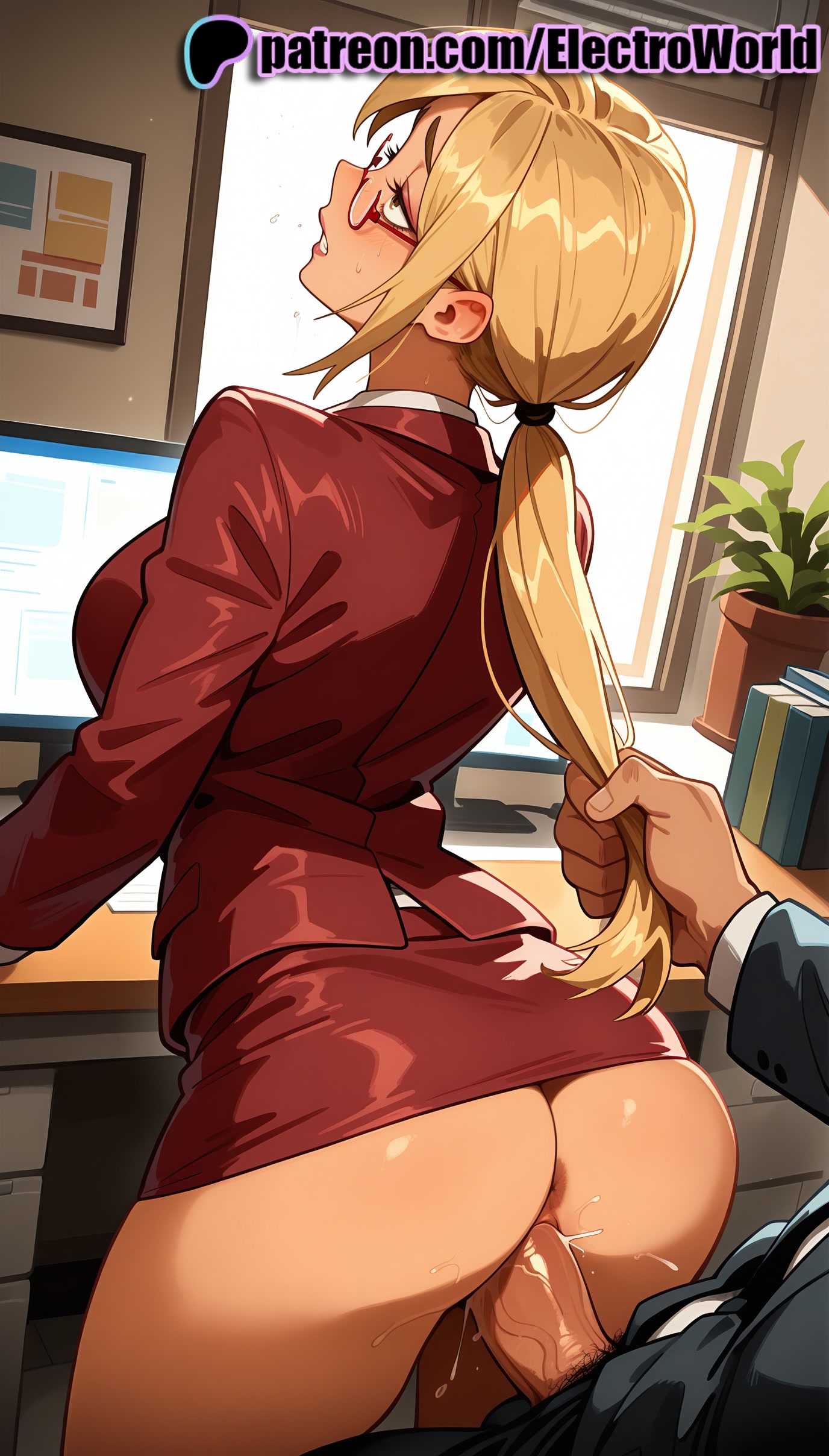 1boy, 1girls, 2025, ai generated, akiyama kaede, artist name, ass, blonde hair, blush, clitoral hood, clitoris, clothed sex, cock, desk, dick, electroworld, exposed pussy, female, fucking, glasses, grabbing another's hair, hi res, high quality, high resolution, highres, indoors, intercourse, juicy pussy, kengan (series), kengan ashura, long hair, love making, male, office, patreon, patreon username, penetration, penis, plant, ponytail, potted plant, pussy, sex, sex from behind, sexual intercourse, stable diffusion, straight, tight pussy, uncensored, vagina, watermark, window