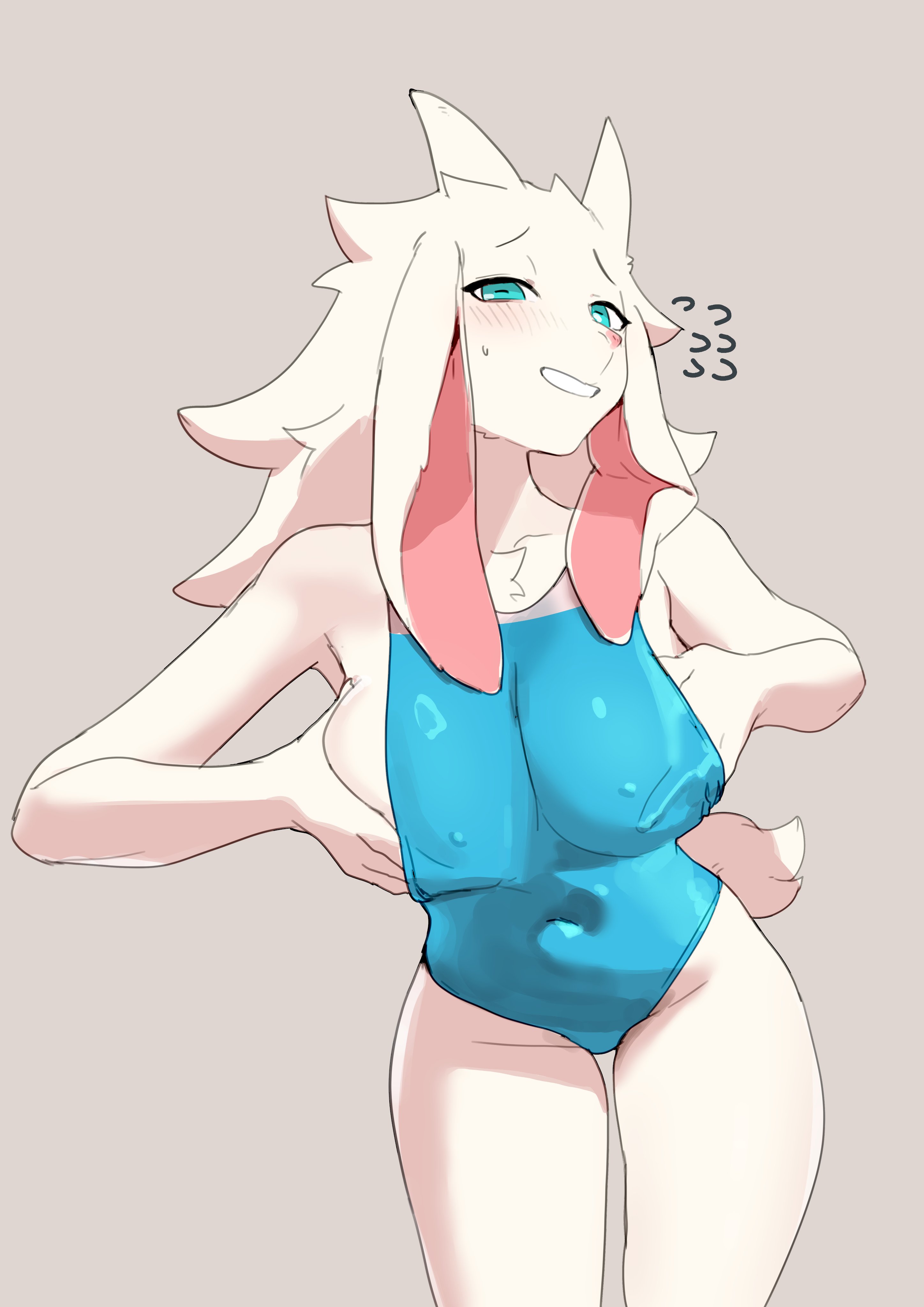 1girls, 2025, absurd res, anthro, aqua eyes, blue eyes, blush, bovid, breasts, buta99, caprine, clothed, clothed anthro, clothed female, clothing, digital media (artwork), female, female only, fingers, floppy ears, front view, fur, grey background, grin, grinning at viewer, hand on breast, hand on own breast, horizontal pupils, horns, long hair, looking at viewer, mammal, navel, sheep, simple background, smile, smiling, smiling at viewer, solo, standing, tail, vanilla (buta99), white body, white fur, white hair, white horn, white tail